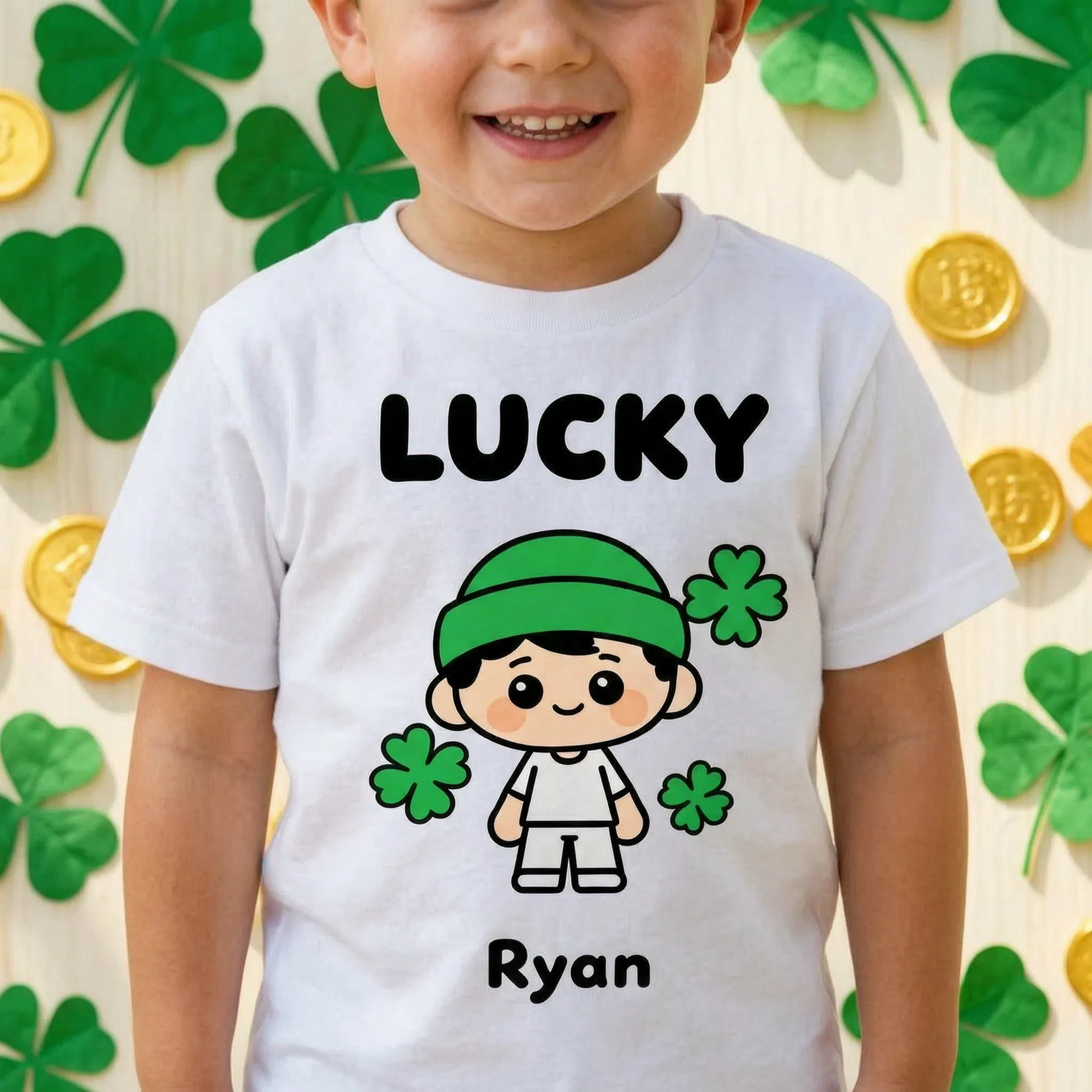 Lucky Personalized St Patrick's Day Cartoon Shirt - Custom Name Kid Gift — White