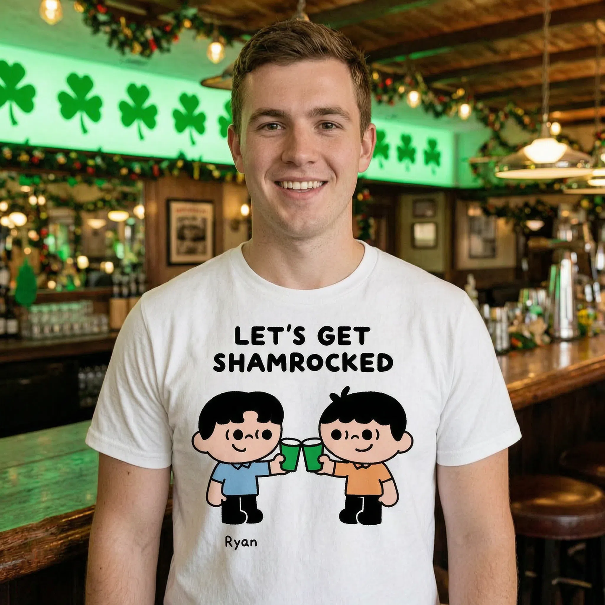 Let's Get Shamrocked Personalized St Patrick's Cartoon Shirt - Custom Name Matching Gift — White
