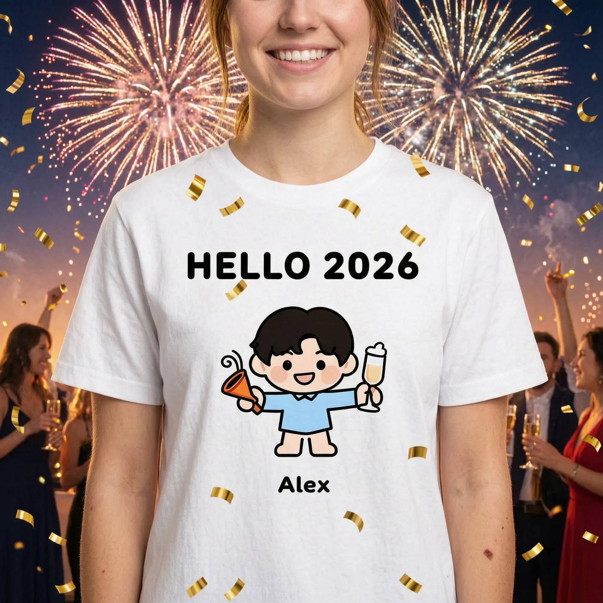 Camiseta de dibujos animados personalizada de Año Nuevo Hola 2026 - Regalo de fiesta con nombre personalizado — Blanco