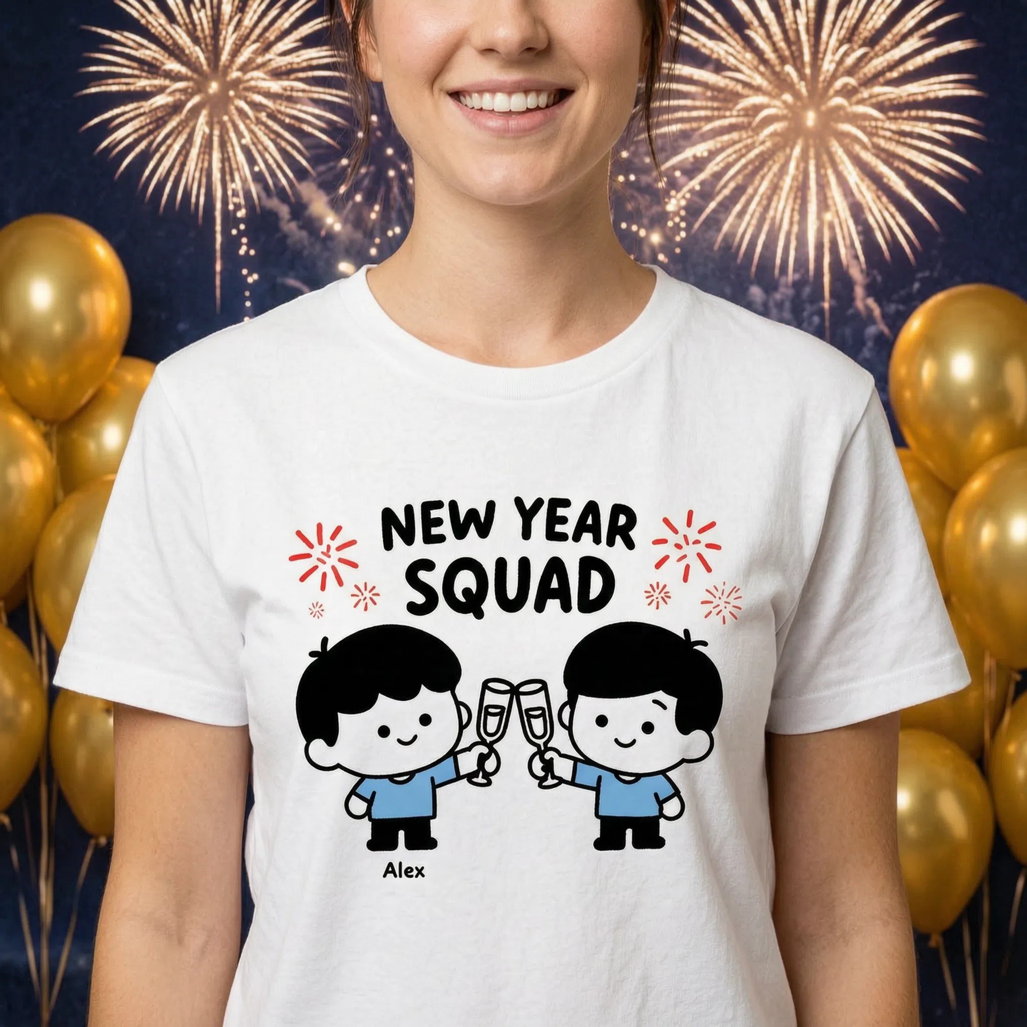 New Year Squad Personalized Cartoon Shirt - Custom Name Matching NYE Gift — White