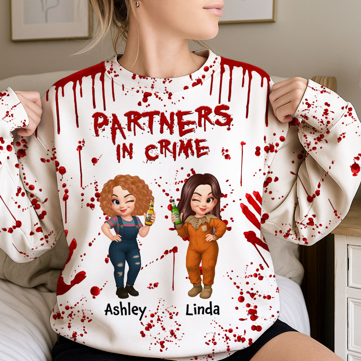 Spooky Halloween Partners In Crime Besties Sisters Personalized 3D Sweatshirt — White