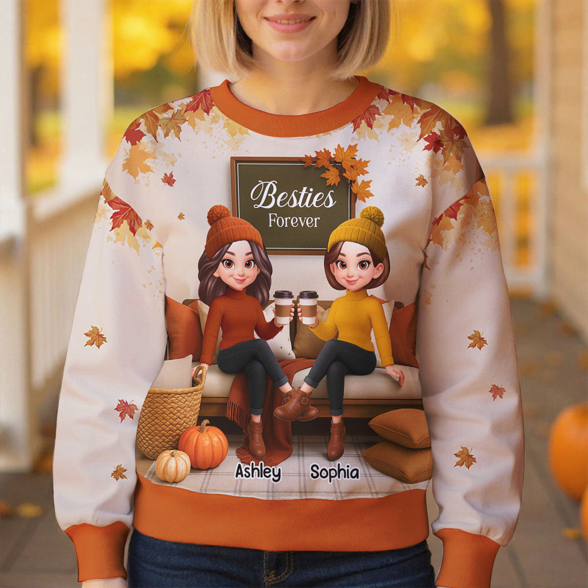 Fall Season Besties Sisters Sitting On Cozy Sofa Personalized 3D Sweatshirt — Sand