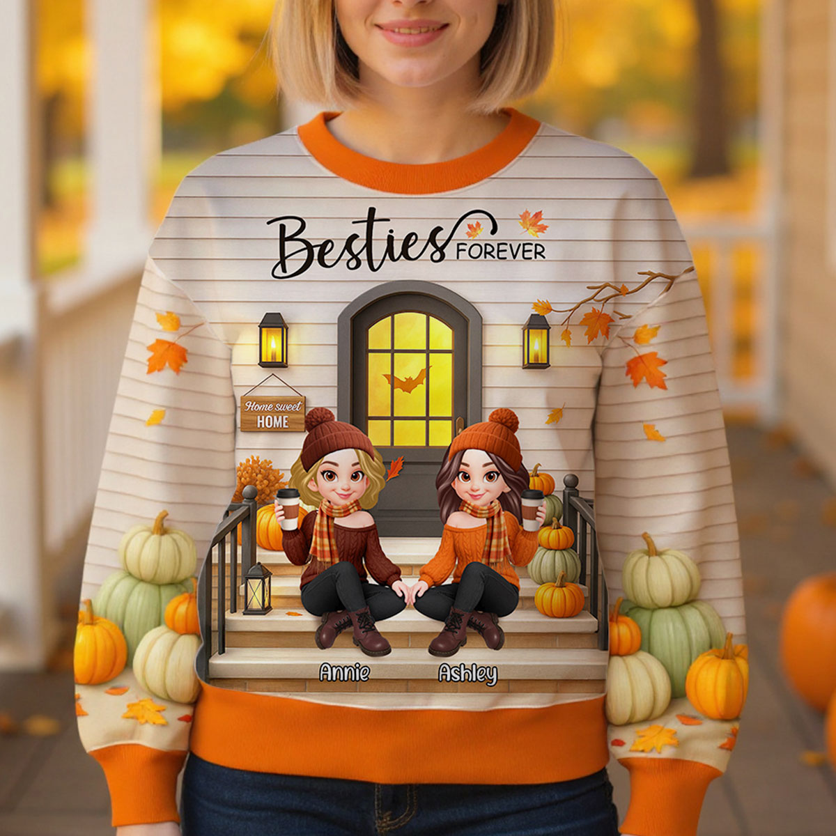 Fall Season Best Friends Sisters Front Porch Personalized 3D Sweatshirt — White