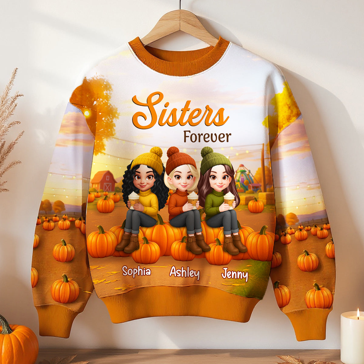 Fall Season Besties Sitting On Pumpkins Personalized 3D Sweatshirt — White