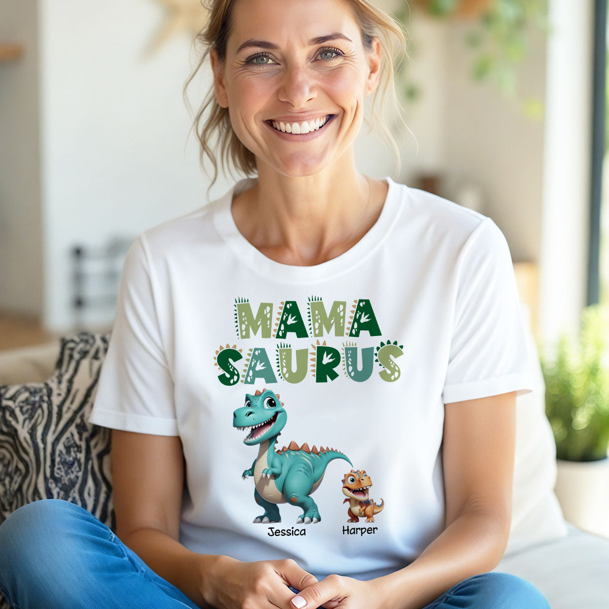 3D Effect Mamasaurus And Babysaurus Personalized Shirts [Set Of 2 Shirts] — White