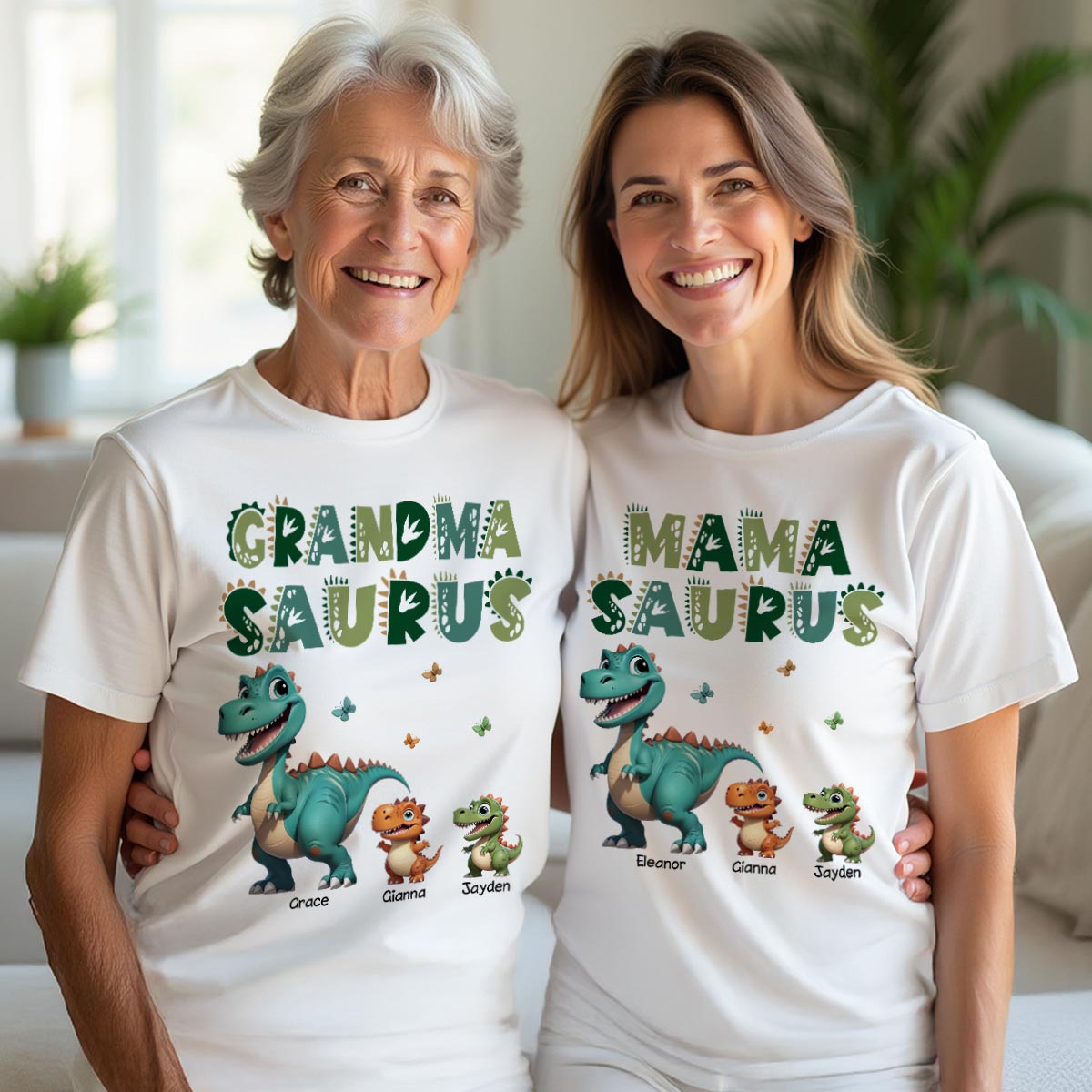 3D Effect Grandmasaurus And Mamasaurus Personalized Shirts [Set Of 2 Shirts] — White