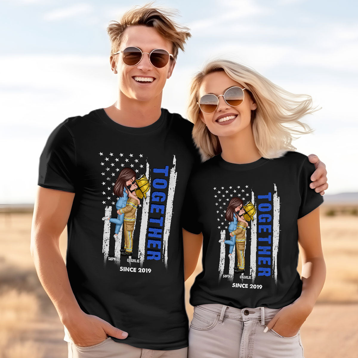 Hero Couple Together Since Flag Gifts by Occupation Gift For Her Gift For Him Firefighter, Nurse, Police Officer Personalized Matching Shirts — Black