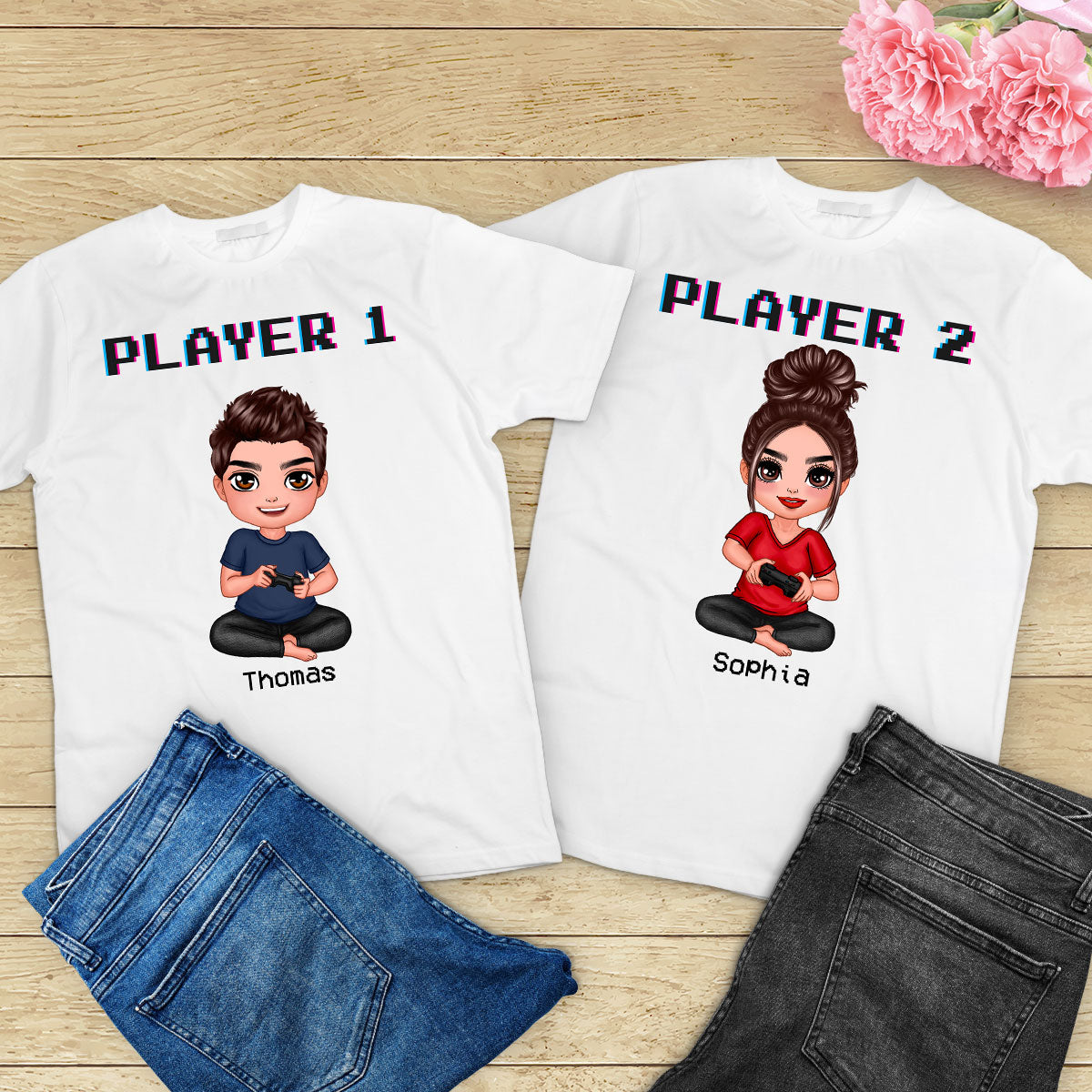 Couple Gaming Player 1 Player 2 Valentine's Day Personalized Matching Shirts [Set of 2 Shirts] — White