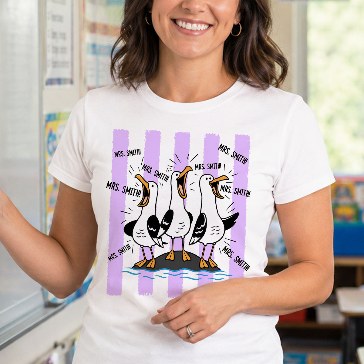Trending Stripe Woman Style Seagulls Yelling Teacher - Personalized Shirt - Back To School Gift, Funny Shirt For Teacher — White