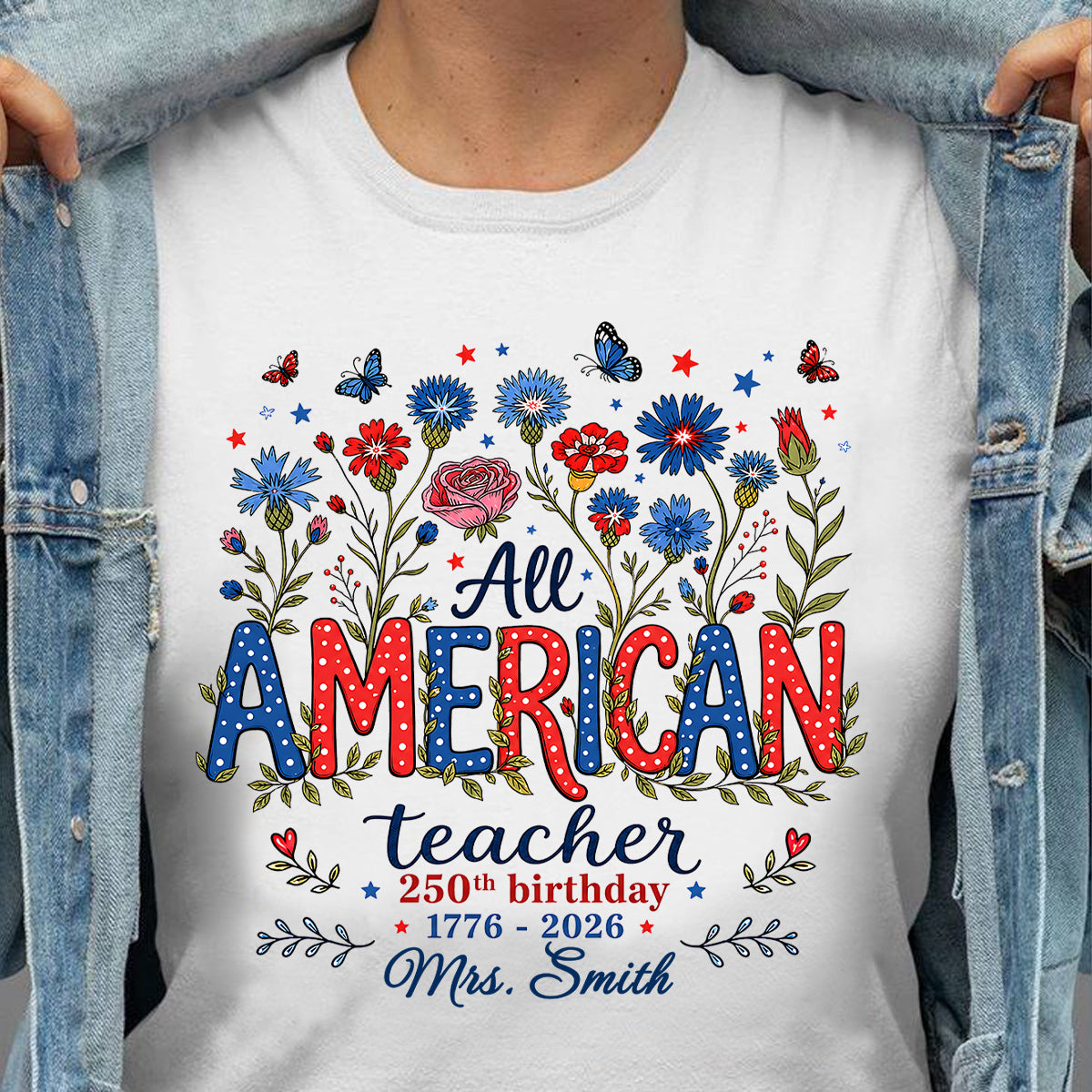 All American Teacher 250th Aniversario - Camisa Personalizada - Camisa Patriótica de EE. UU., Camiseta de Vuelta a Clases — Blanco