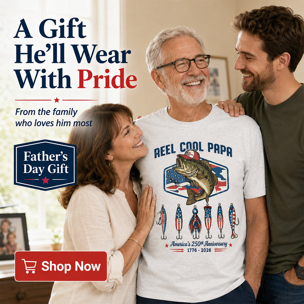 Reel Cool Dad Grandpa Custom Kid Names - Personalized Shirt - American 250th Anniversary Gift For Patriotics — Sport Grey