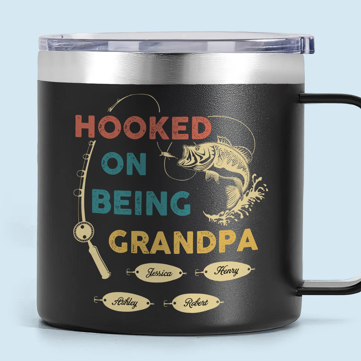 Hooked On Being Grandpa Fishing Personalized Stainless Steel Tumbler With Handle — Black
