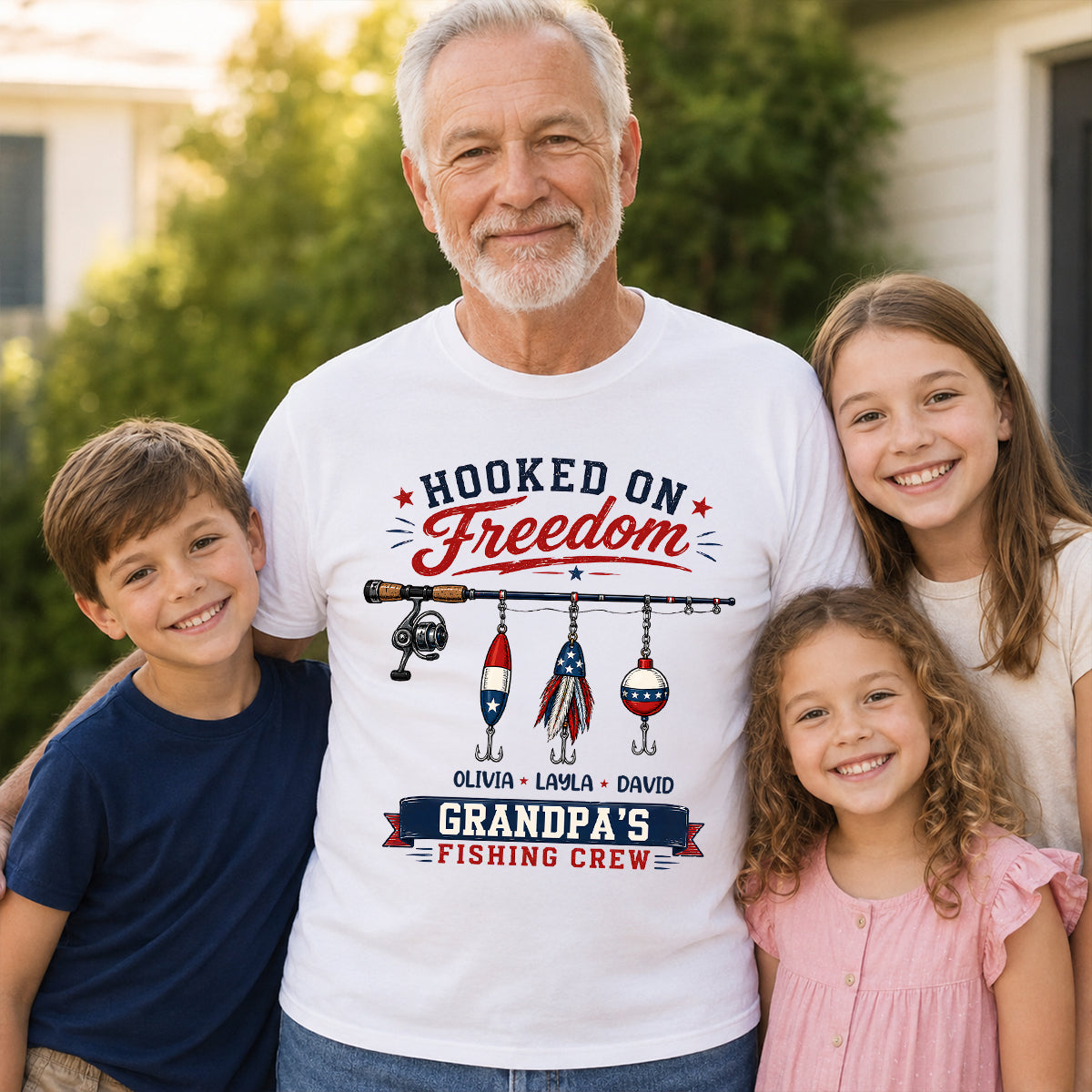 Fishing Grandpa Hooked on Freedom - Personalized Shirt - 250th Anniversary Patriot Shirt — White