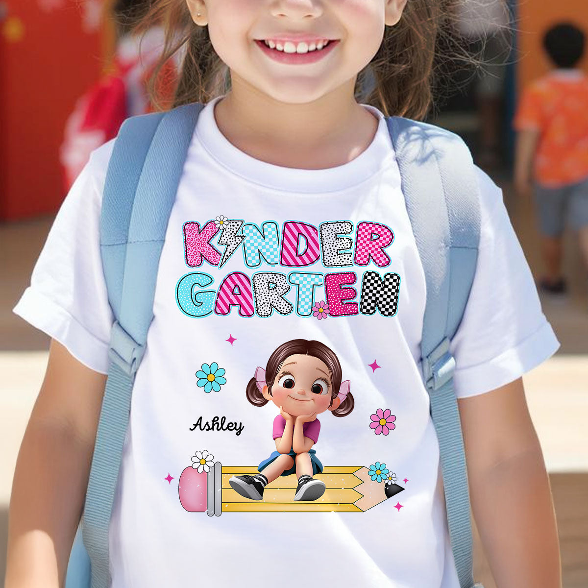 Personalized Kindergarten Tshirt for Girls, Colorful Pencil Pattern Custom Kids Name, Back To School Shirt Toddler, First Day School Outfit — White
