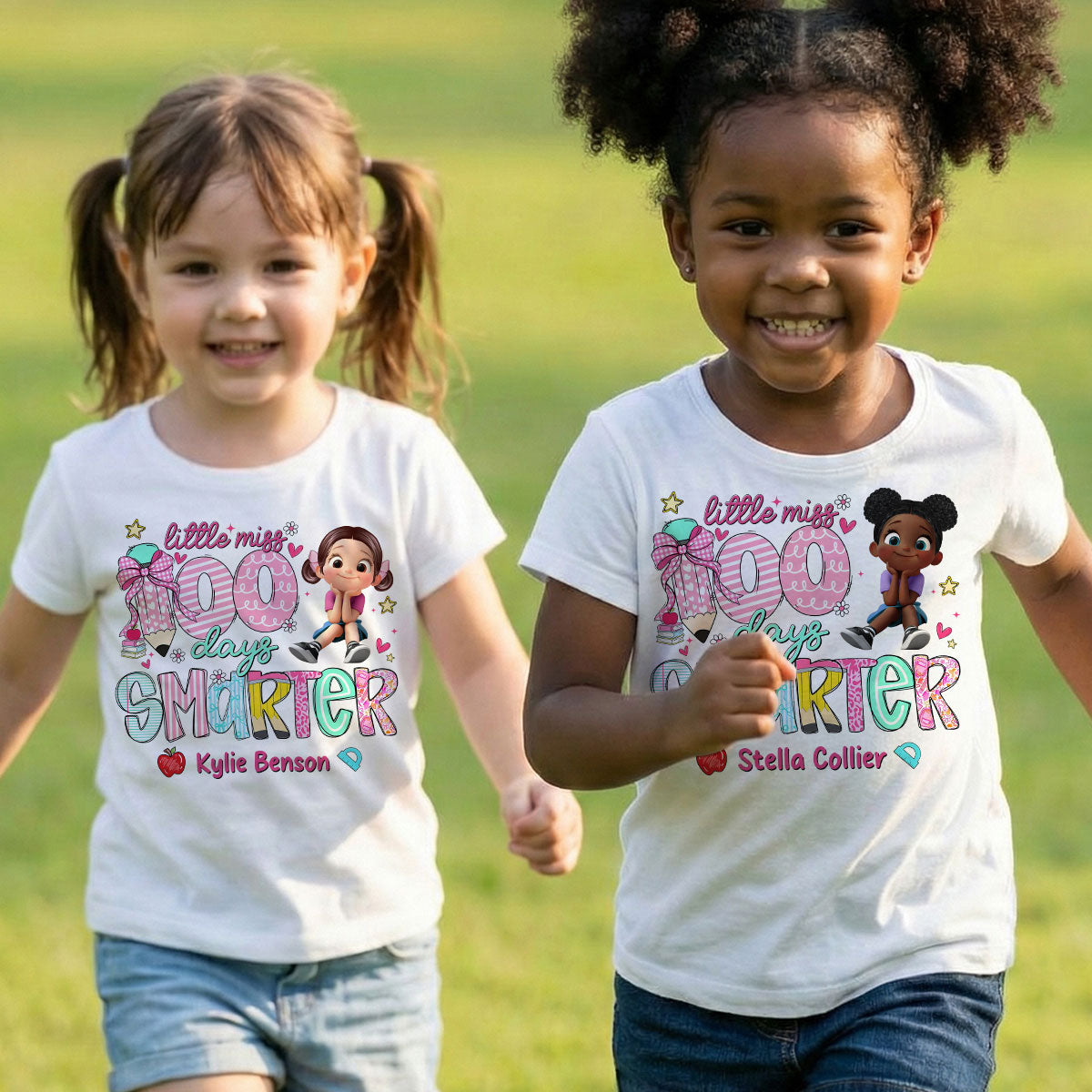 Little Miss 100 Days Smarter Little Girl - Personalized Kid T-Shirt - 100 Days Of School For Daughter, Granddaughter — White