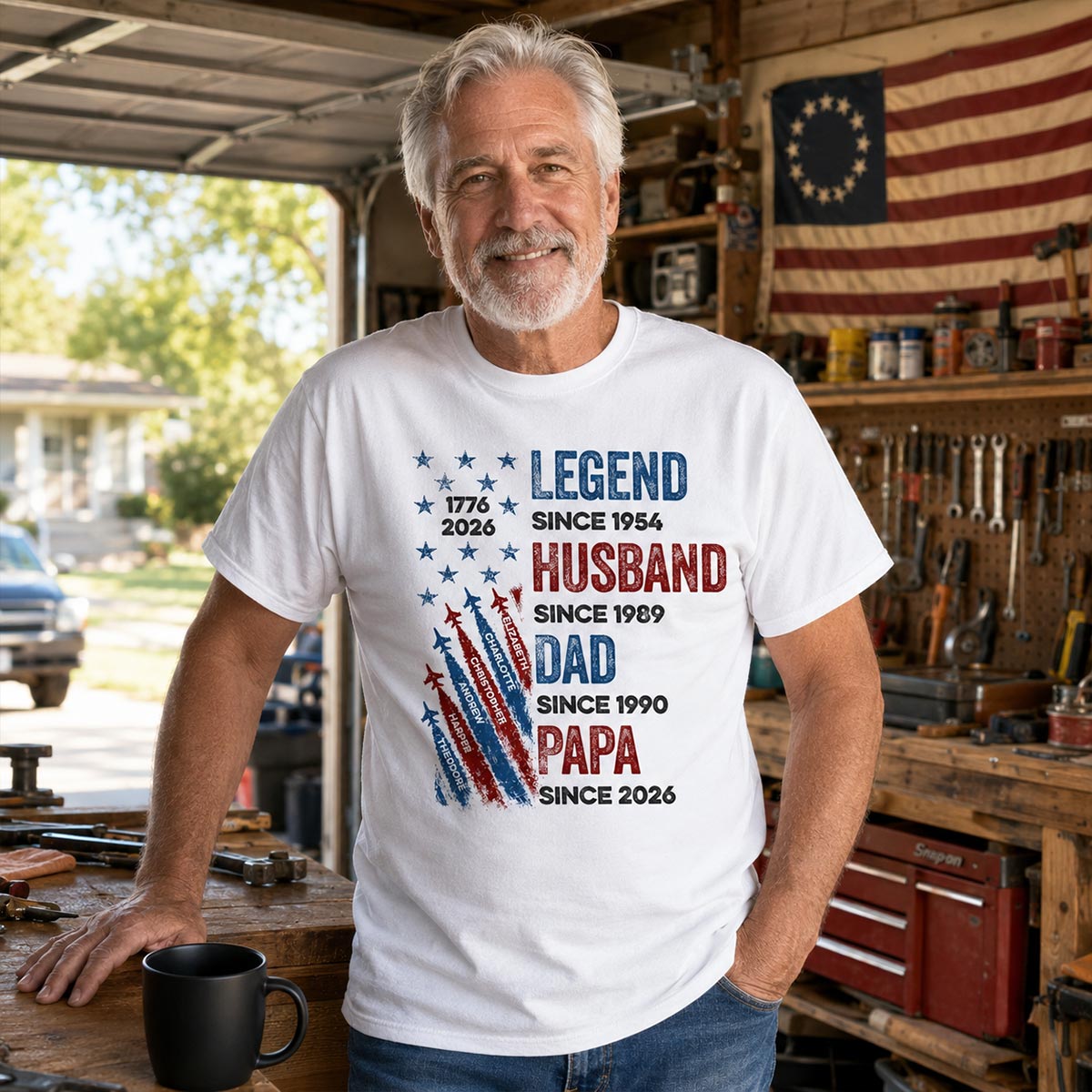 Legend Husband Dad Grandpa Custom Kid Name - Personalized Shirt - American 250th Anniversary Keepsake For Husband, Dad, Grandpa — White