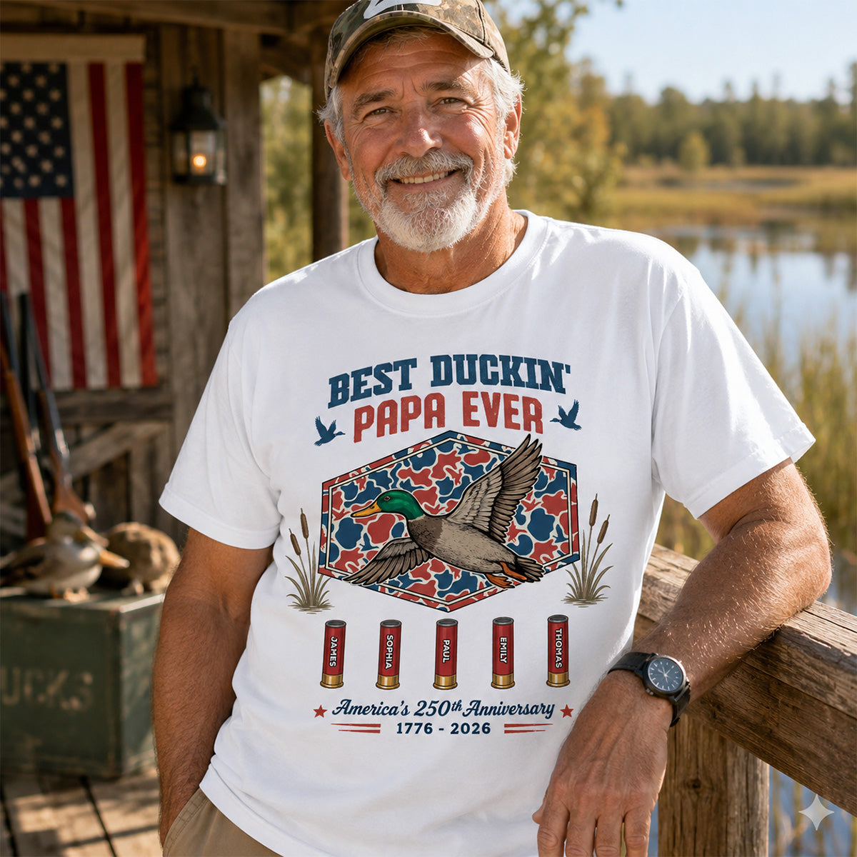 Best Duckin' Dad Grandpa Custom Kid Names - Personalized Shirt - American 250th Anniversary Gift For Patriotics Duck Hunting — White