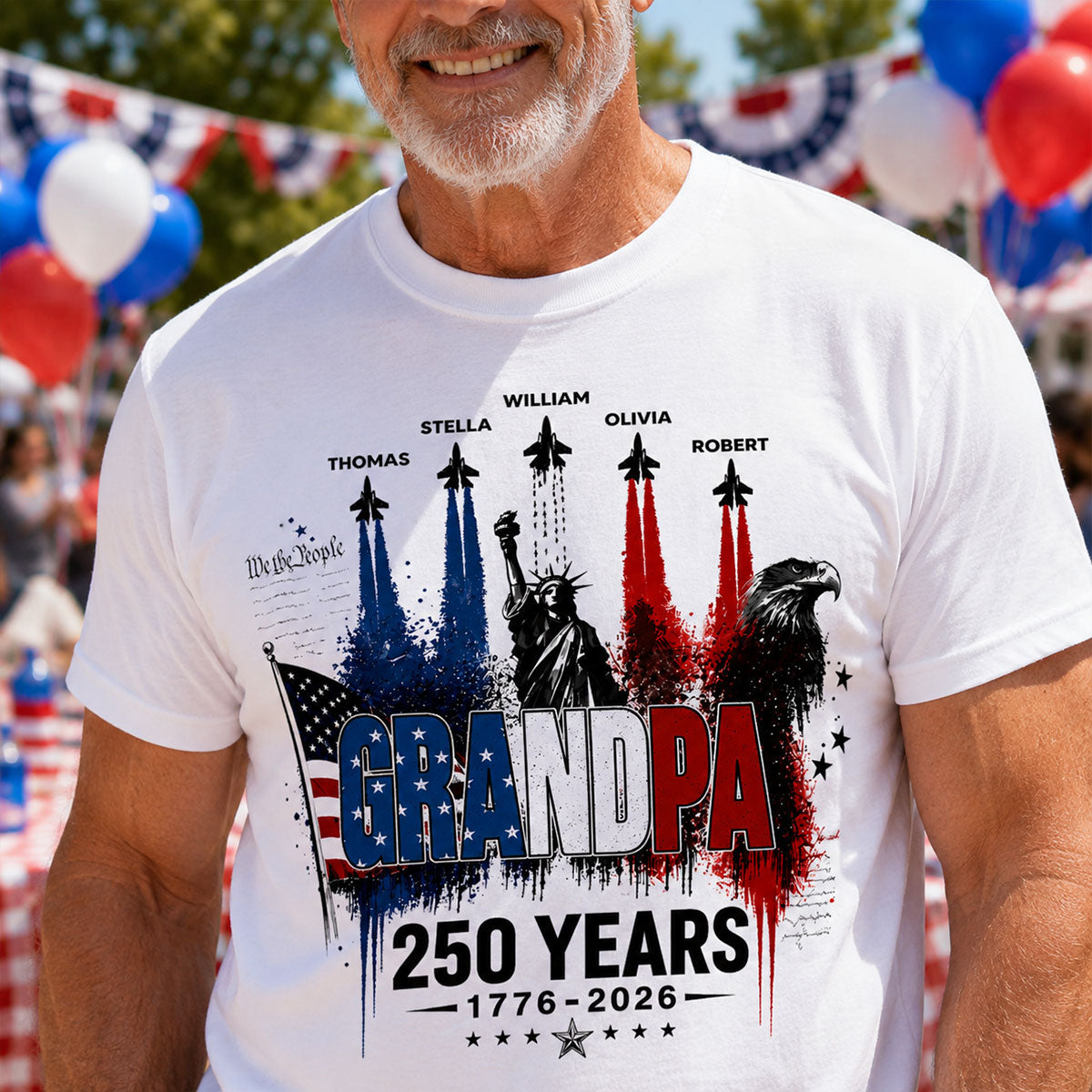 Strong Proud Grandpa Jet Fighter America 250th Anniversary - Personalized Shirt - Father's Day Gift For Dad, Grandpa — White