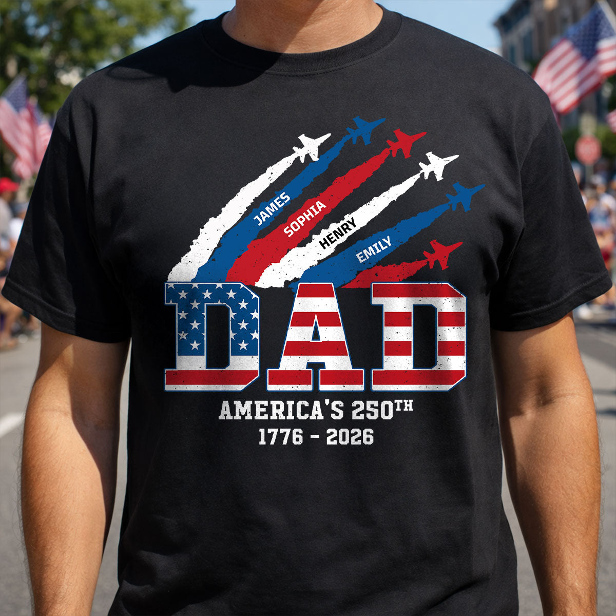 Proud Dad Nation Flag American 250th Anniversary - Personalized Shirt - Cool Father's Day Gift For Dad — Black