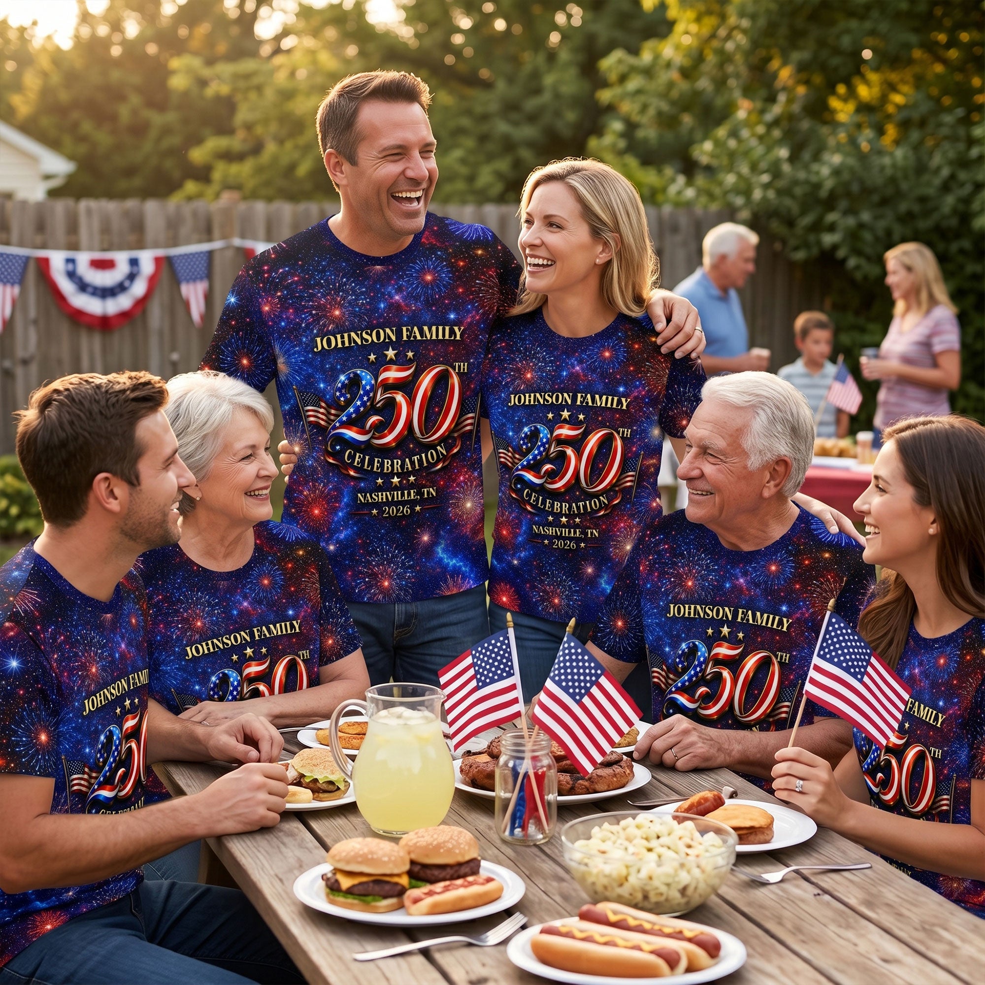 Custom Family American 250th Anniversary 1776 - 2026 - Personalized Shirt - Family Matching Patriotic Crew Shirt — Light Blue