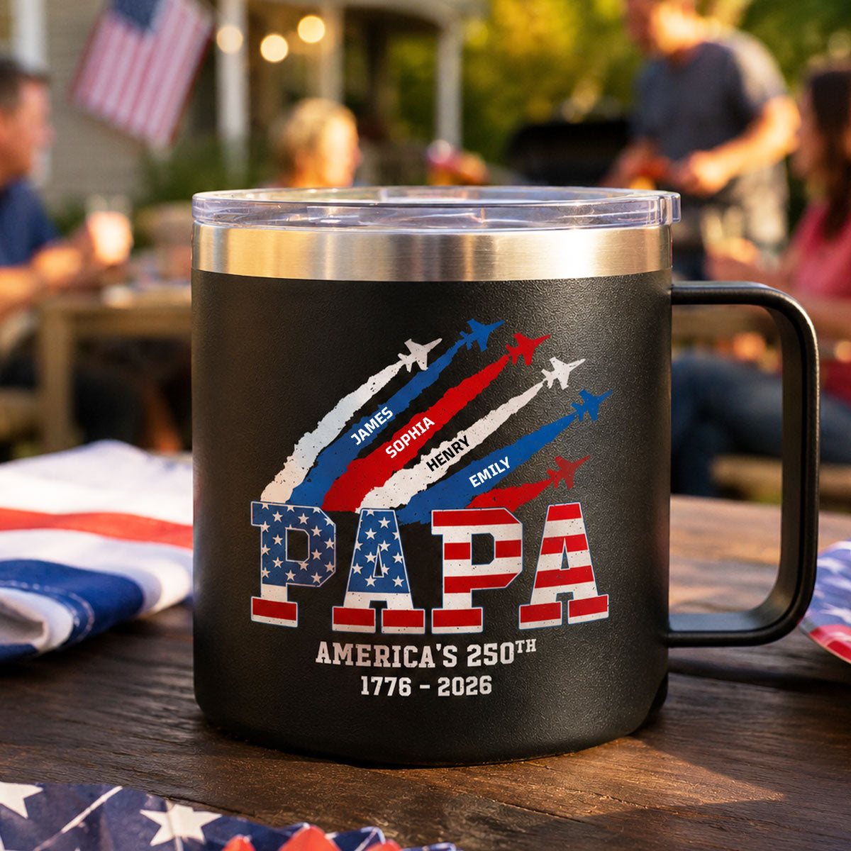 Proud Dad Grandpa Nation Flag American 250th Anniversary - Personalized Tumbler With Handle - Father's Day Gift For Patriotic Dad, Grandpa — Black
