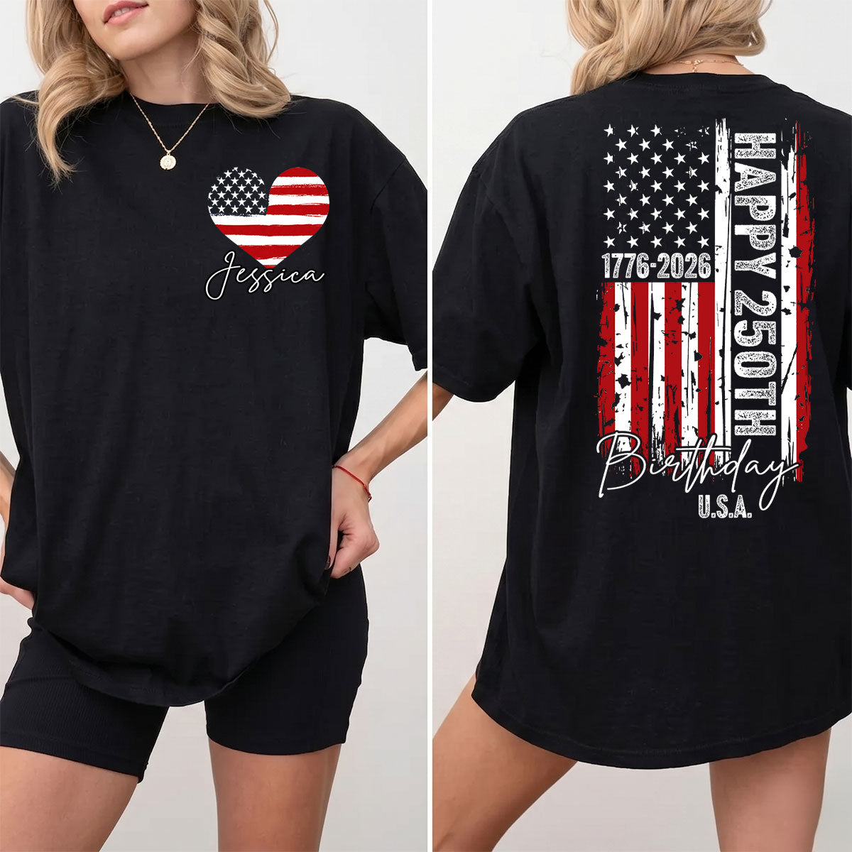 America 250th Anniversary USA Birthday 1776 - 2026 - Personalized Double-Sided Shirt - Family Matching Shirt, Patriotic Crew Shirt — Black