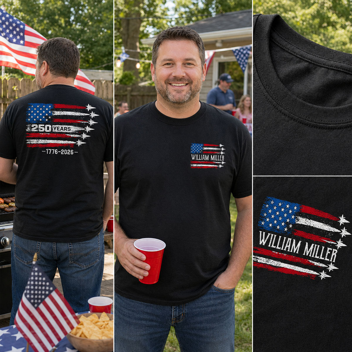 250 Years American Flag Jets Custom Name - Personalized Shirt - United States 250th Anniversary USA Patriotic — Black