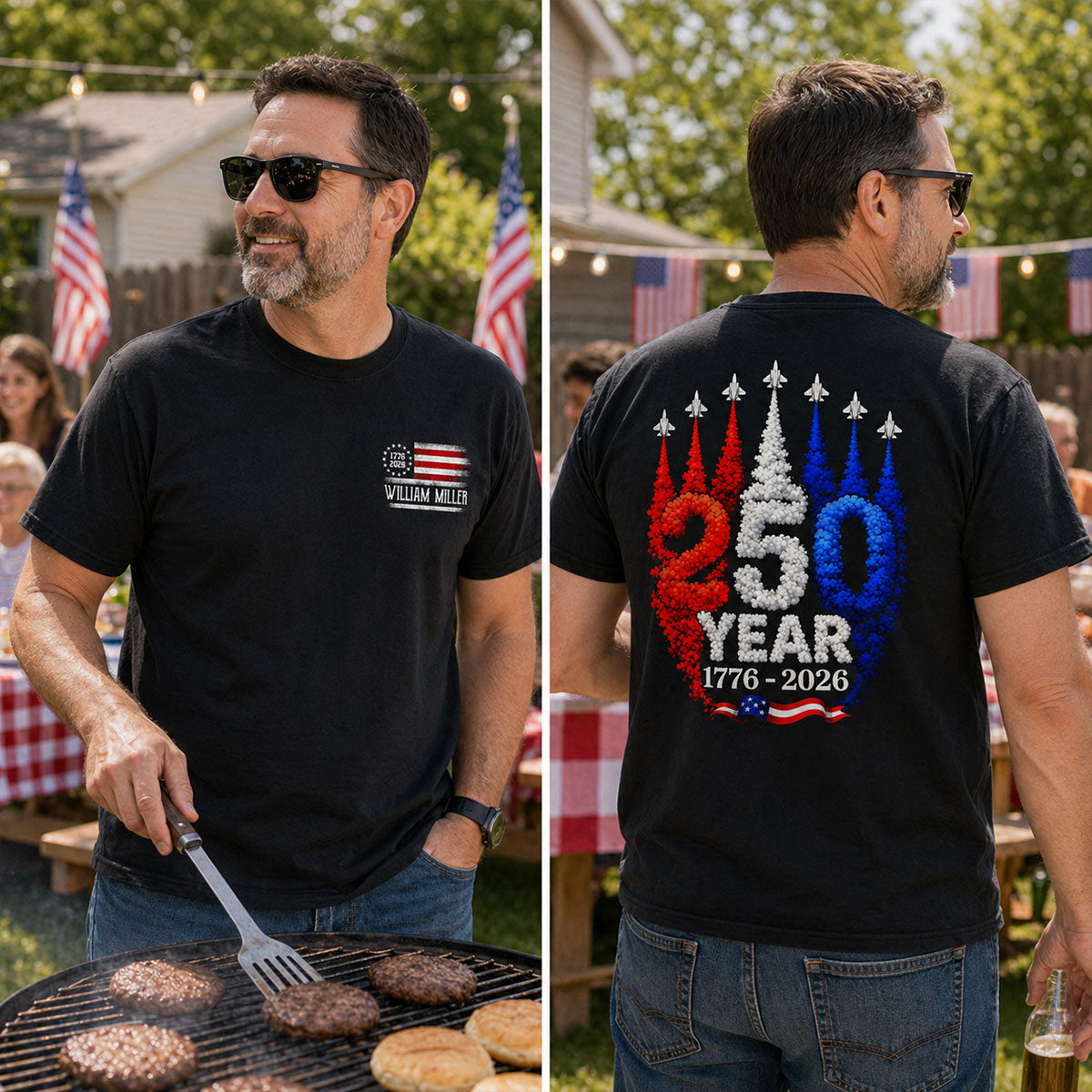 250 Years American Flag Red White Blue Jet Smoke Custom Name - Personalized Shirt - United States 250th Anniversary USA Patriotic — Black