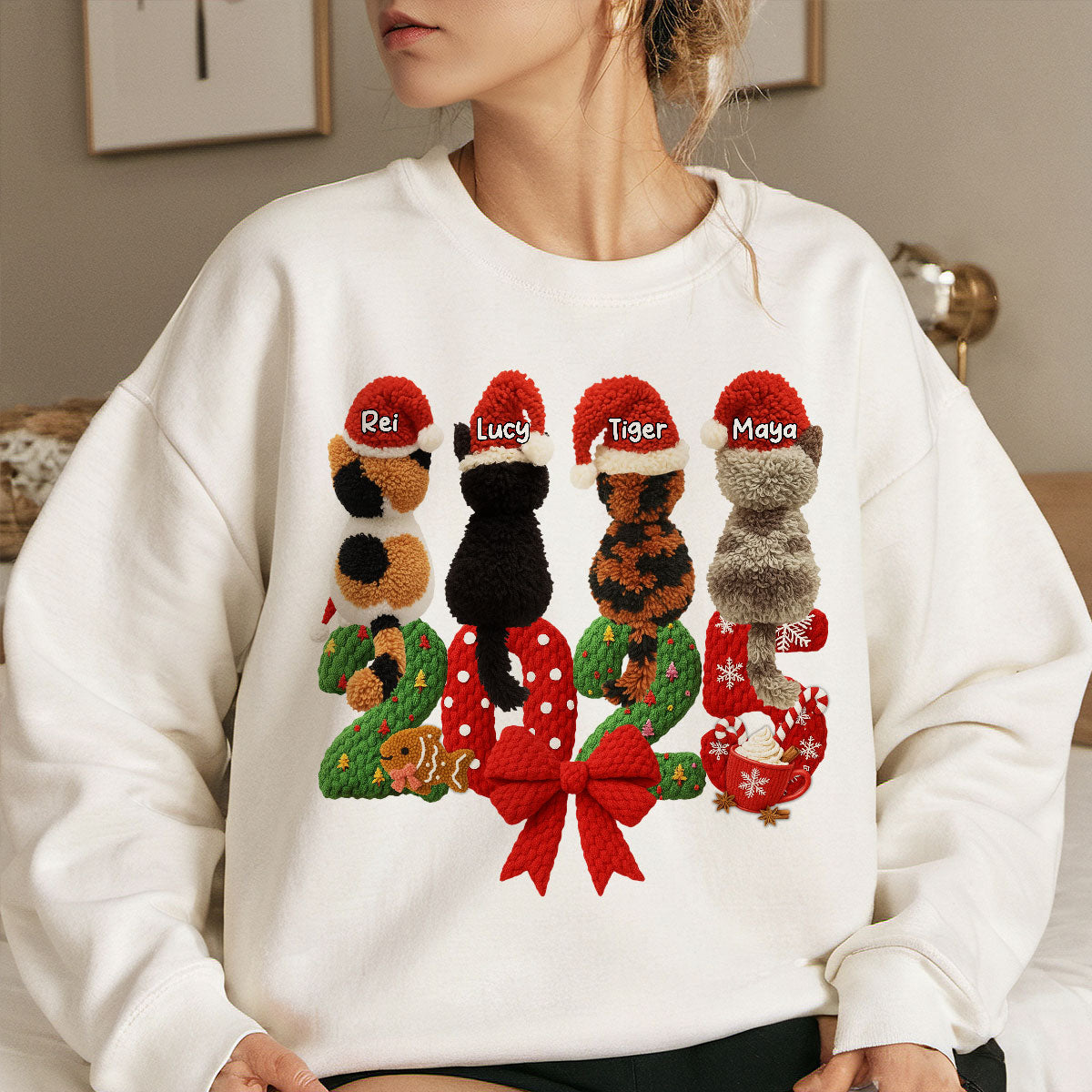2025 Cat Lovers Latch Hook Yarn Faux - Personalized Sweatshirt - Christmas Gift for Cat Moms, Cat Dads — White