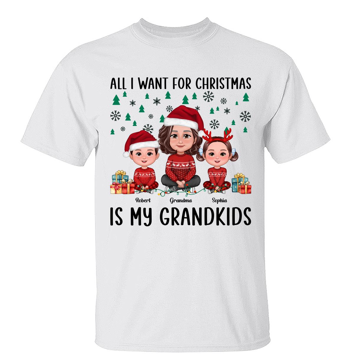 Todo lo que quiero para Navidad son mis nietos copo de nieve verde árbol de pino camiseta personalizada — Blanco