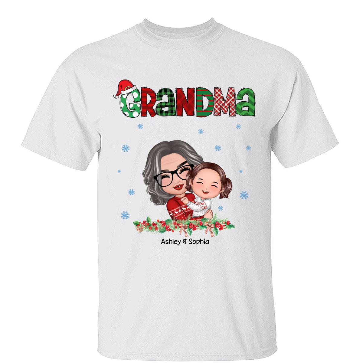 T-shirt personnalisé Motif de Noël Poupée Mamie étreignant un enfant — Blanc
