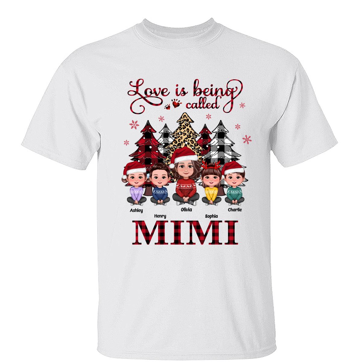 Motif Léopard à Carreaux Poupée Sapin de Noël Mamie Petits-Enfants Assis Jambes Croisées T-Shirt Personnalisé — Blanc