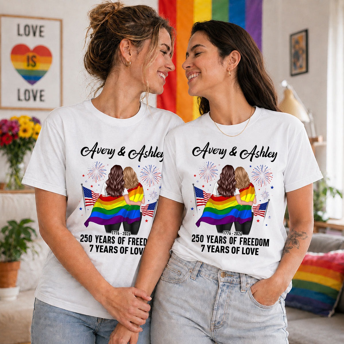 250 Years of Freedom LGBT Couple - Personalized Shirt - America 250th Anniversary — White