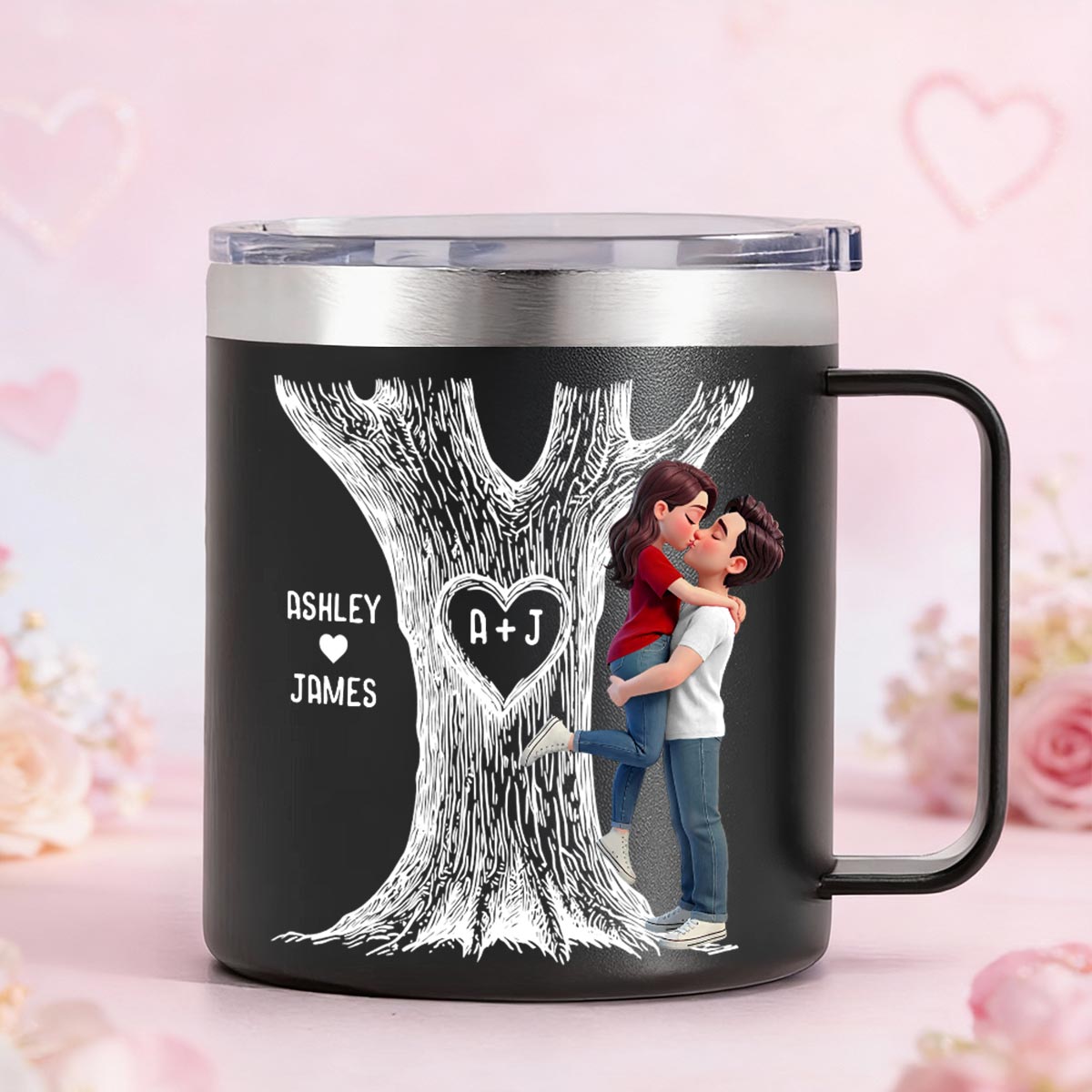 Eternal Love Couple Hugging Kissing Heart Carved Tree Of Love Initials - Personalized Tumbler With Handle - Heartfelt Valentine, Anniversary Gift For Him, For Her — White