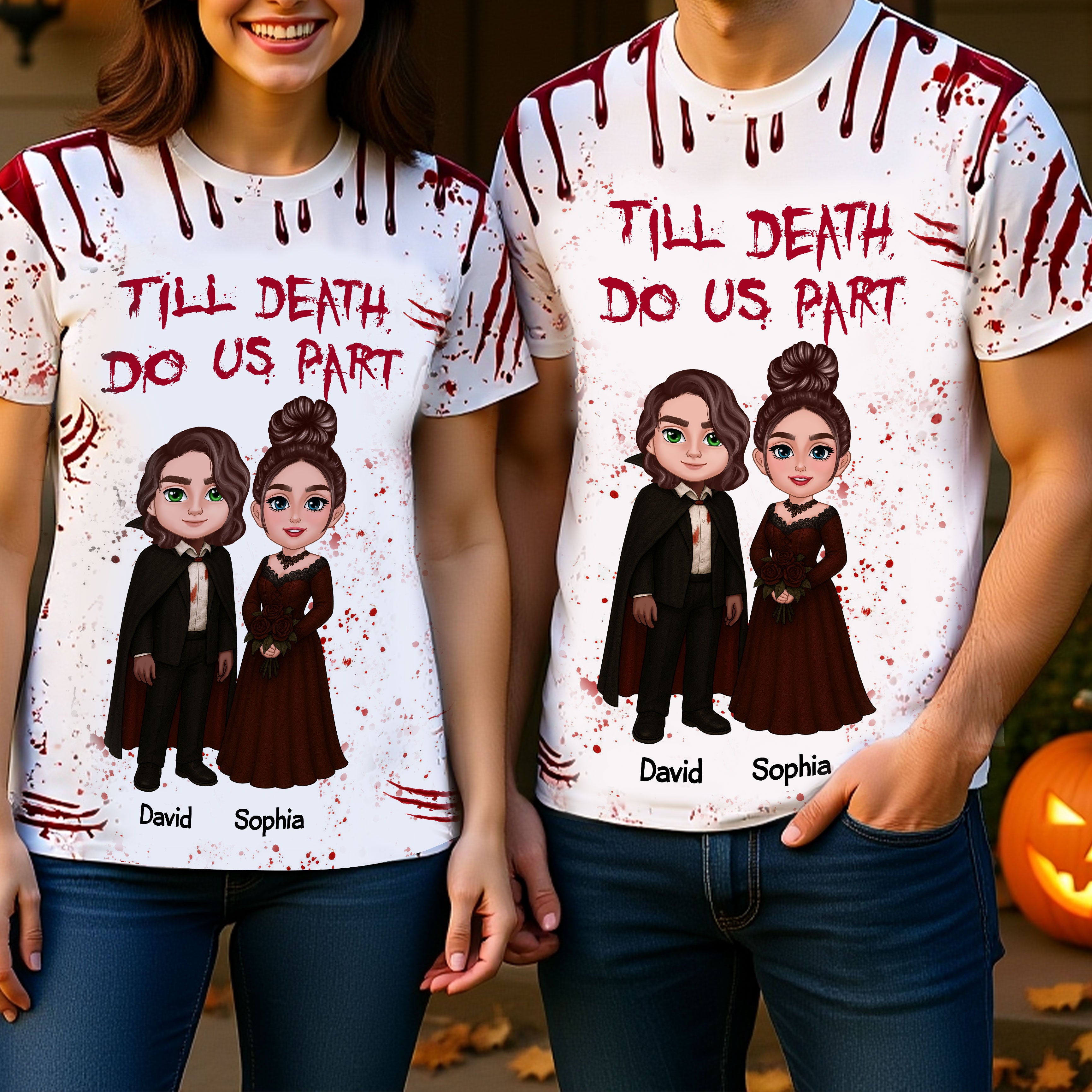 Halloween Horror Theme Couple Matching Personalized Shirt — White