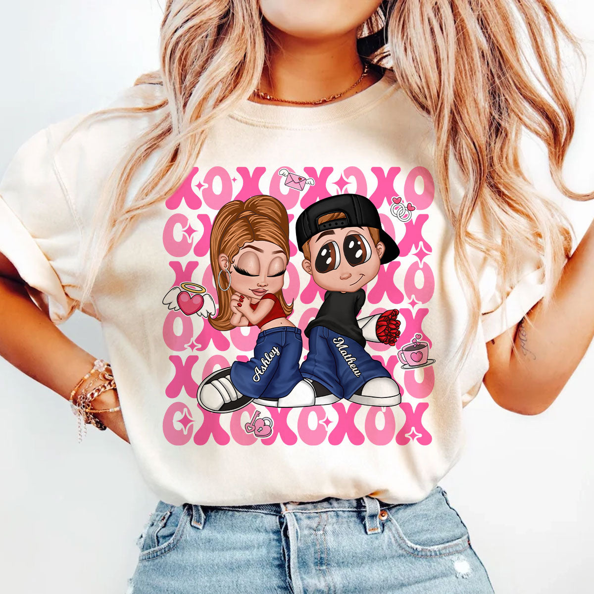 XOXO Y2K Couple Personalized Shirt, Gift for Him for Her — Sand