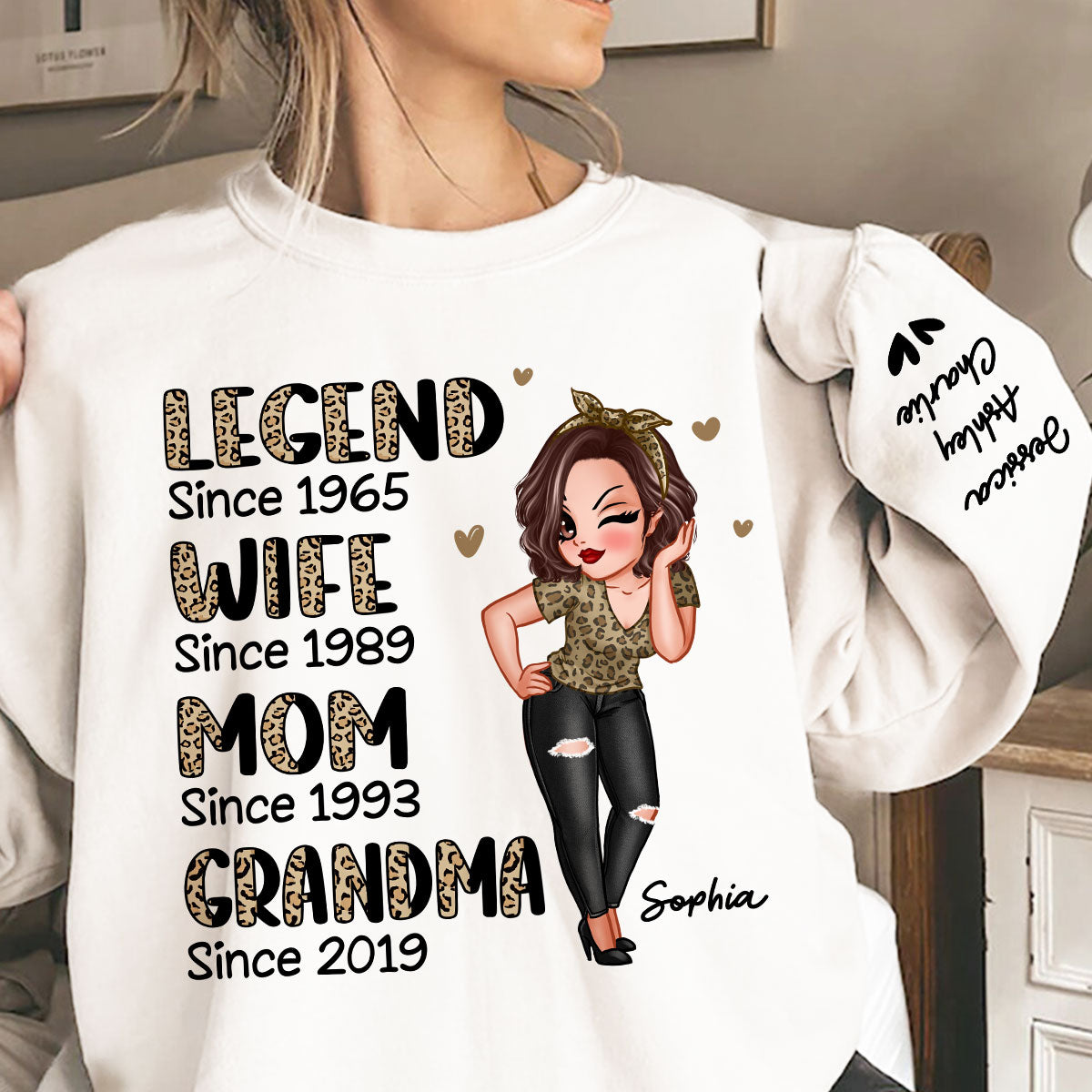 Half Leopard Sassy Legend Wife Mom Grandma Personalized Sleeve Printed Sweatshirt — White