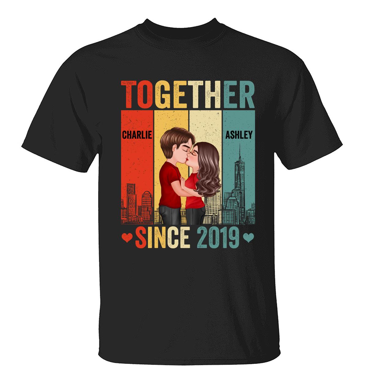 Couple Kissing Under Skyline Retro Personalized Shirt — Black
