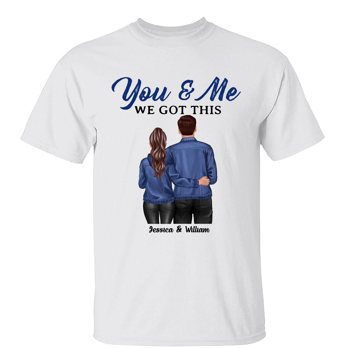 Denim Back View Couple Standing Hugging Personalized Shirt — White