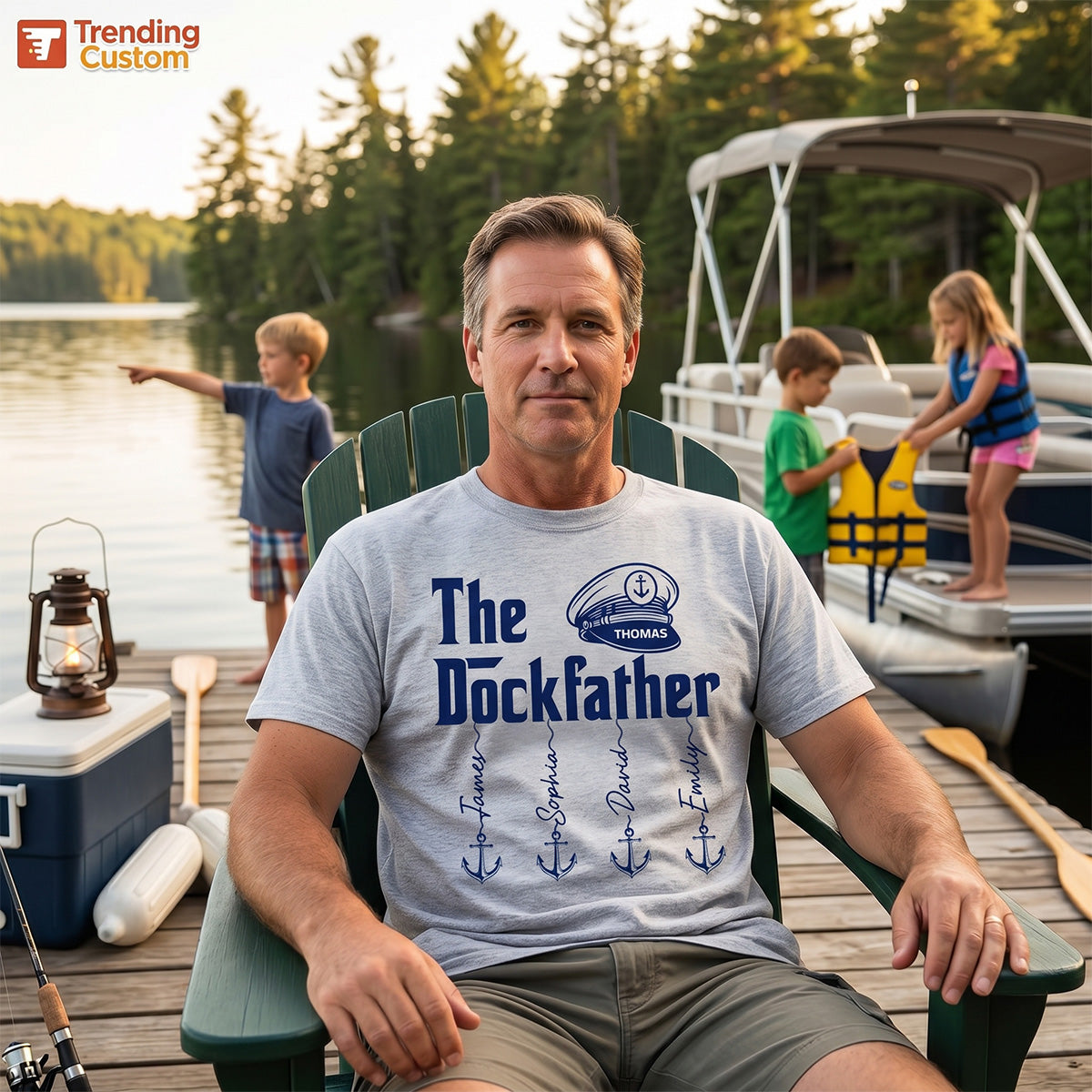 The Dockfather Boat Captain Custom Kids Names - Personalized Shirt - Lake Life Father's Day Gift For Husband, Dad — Sport Grey