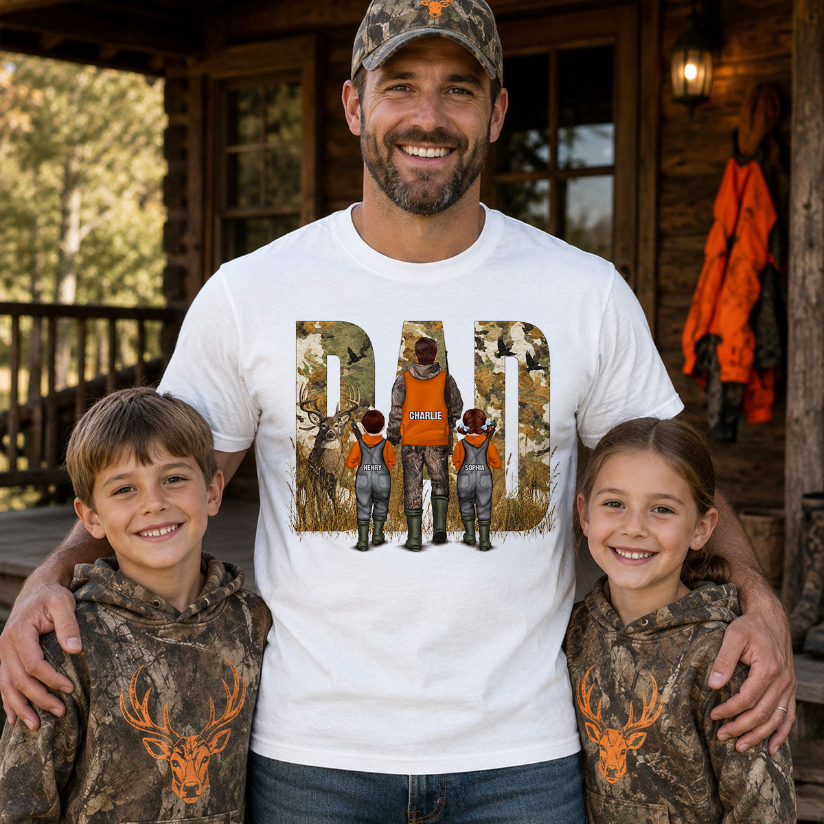 Hunting Dad & Children - Personalized Shirt - Outdoor Father's Day Gift for Dad, Husband — White