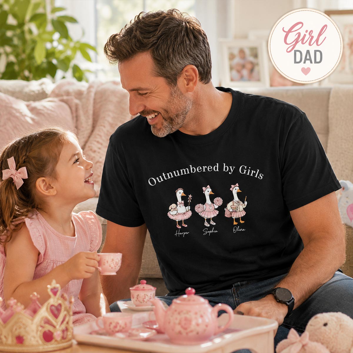 Outnumbered By Girls Cute Goose - Personalized Shirt - Father's Day Gift For Husband, Girl Dad — Black