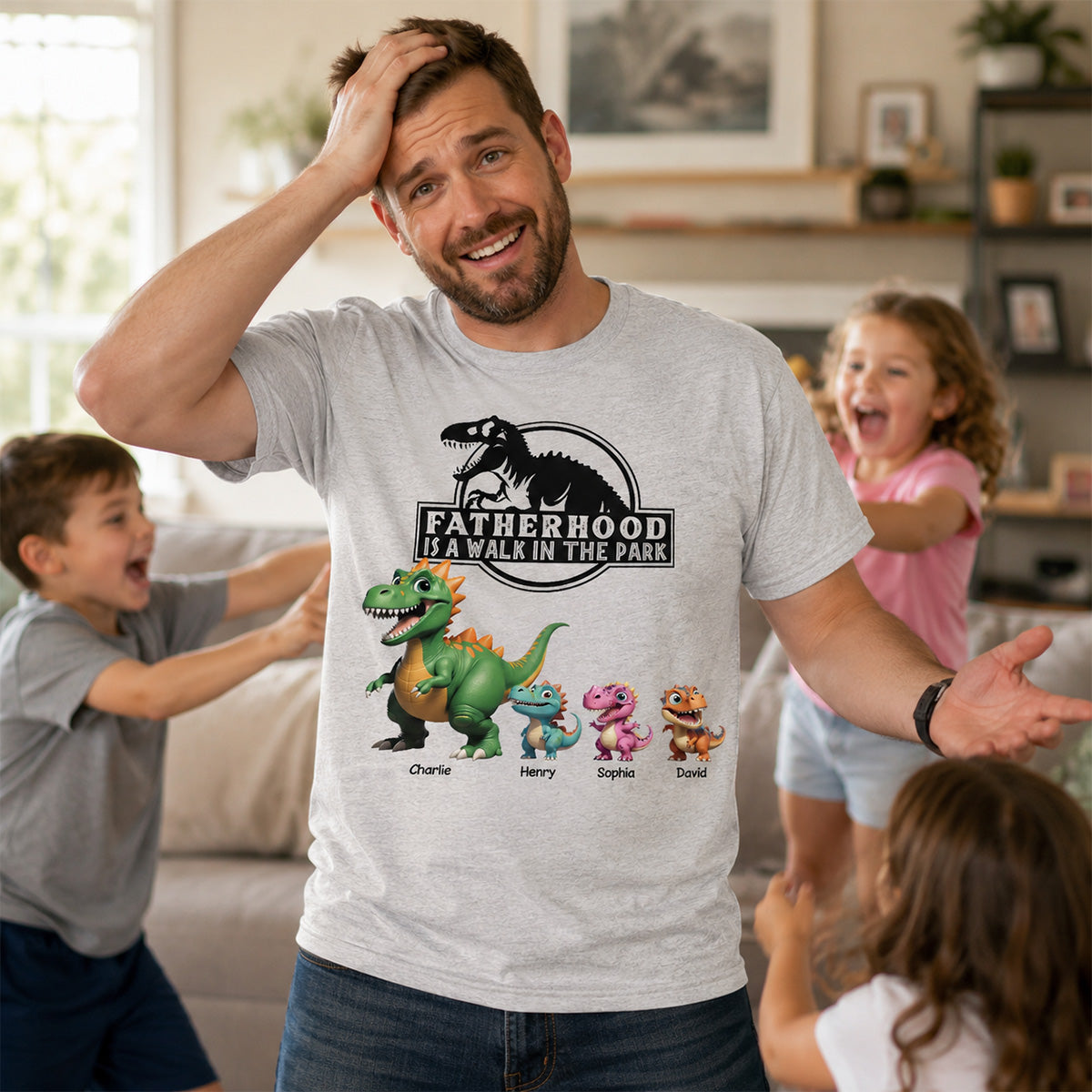 Fatherhood Is A Walk In The Park Custom Cartoon Dinosaurs - Personalized Shirt - Father's Day Gift For Husband, Dad — Sport Grey