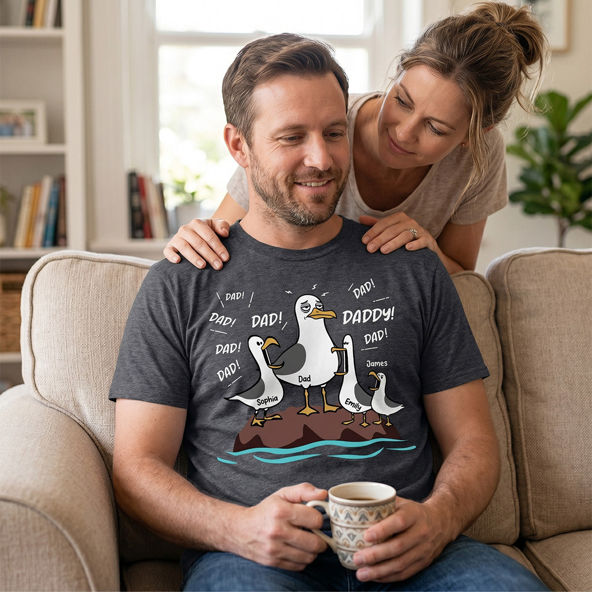 Seagull Dad! Dad! Dad! Tired Seagull & Kids - Personalized Shirt - Funny Father's Day Gift For Dad, Husband — Sport Grey