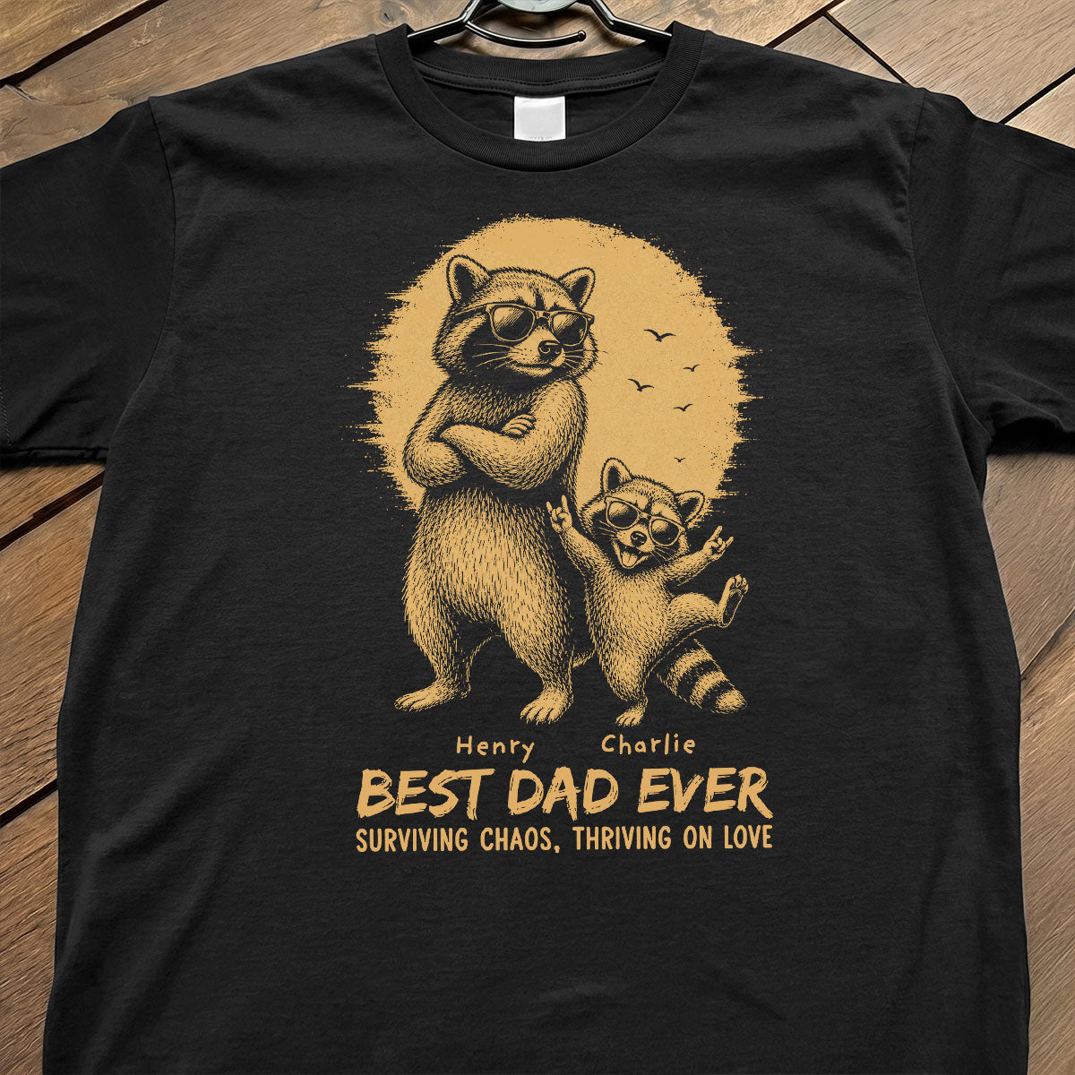 Retro Yellow Vintage Raccoon Dad Best Dad Ever - Personalized Shirt - Funny Father's Day Gift For Dad, Husband — Black