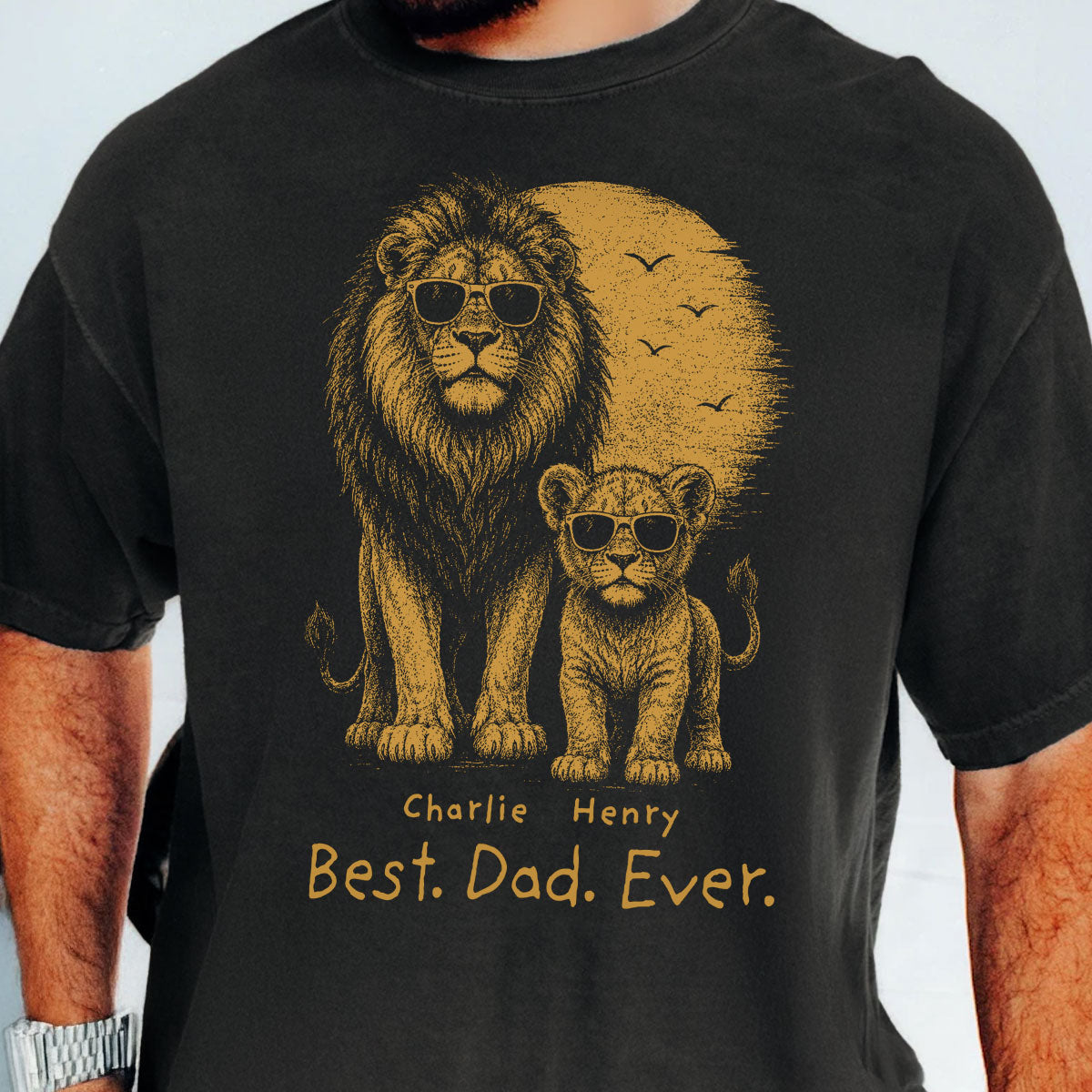 Retro Vintage Lion Dad And Kids Daddy Protector - Personalized Shirt - Cool Father's Day Gift For Dad, Husband — Black
