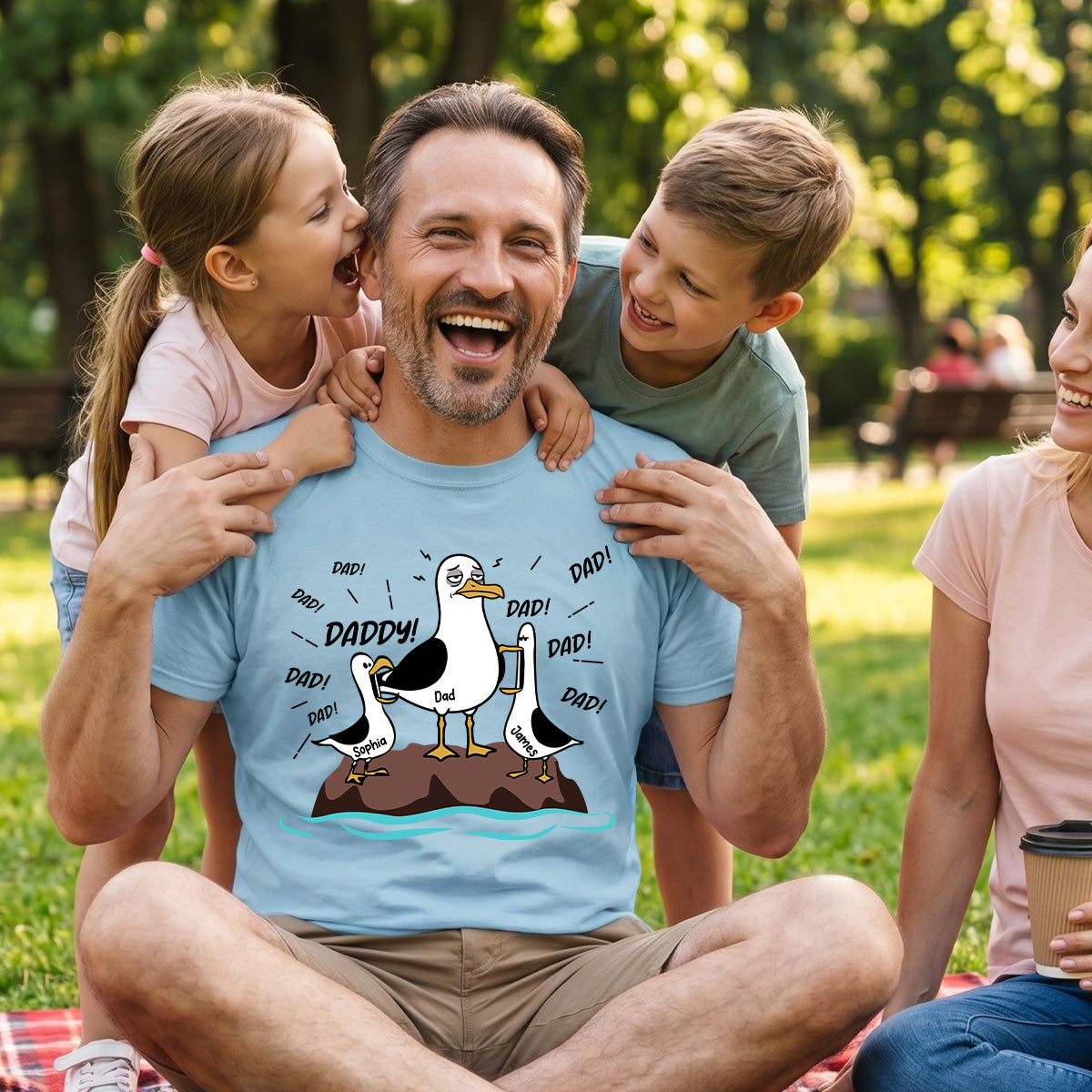 Seagull Dad! Dad! Dad! Tired Seagull & Kids Custom Name - Personalized Shirt - Funny Father's Day Gift For Dad, Husband — Sport Grey