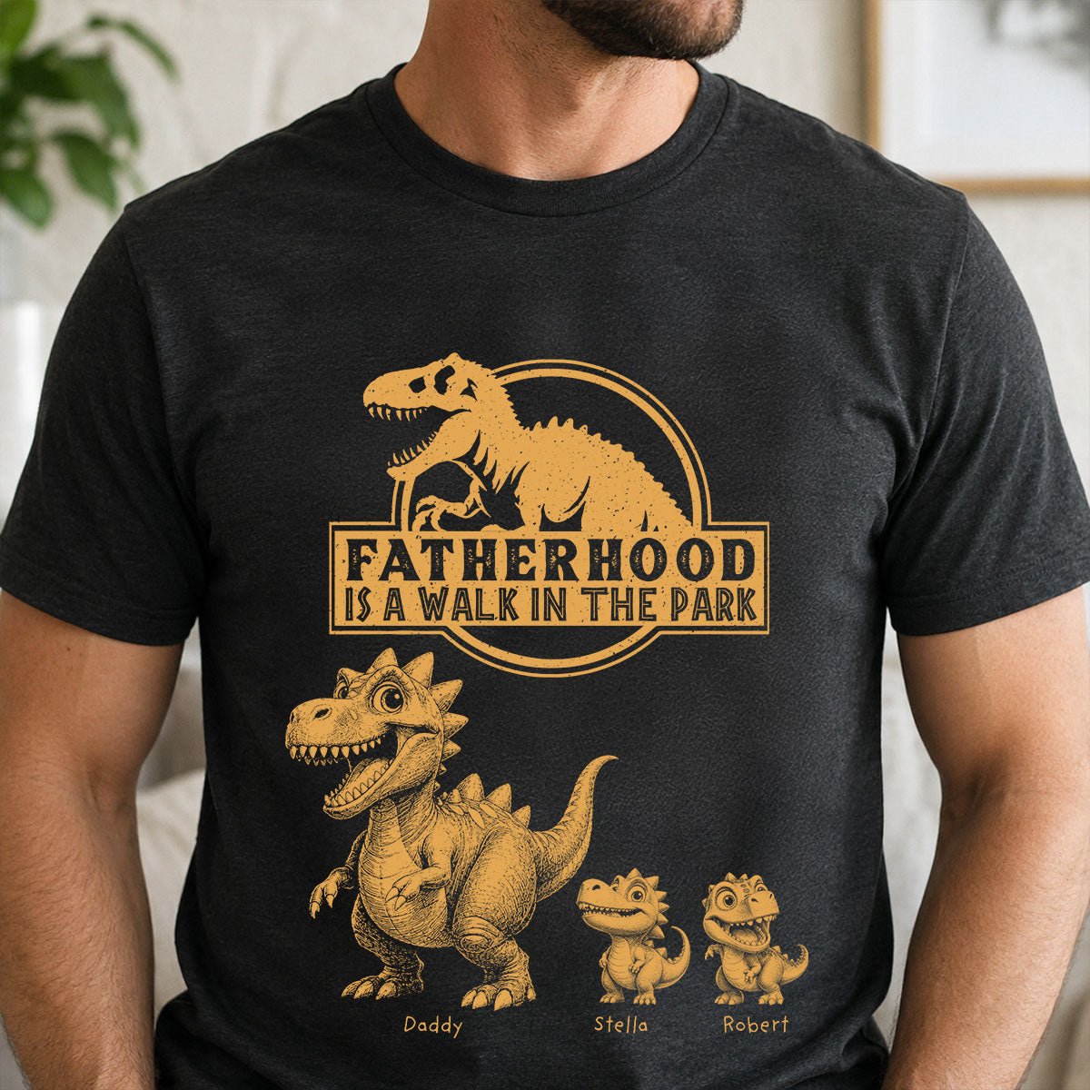 Retro Yellow Vintage Fatherhood Is A Walk In The Park Dinosaurs - Personalized Shirt - Funny Father's Day Gift For Dad, Husband — Black