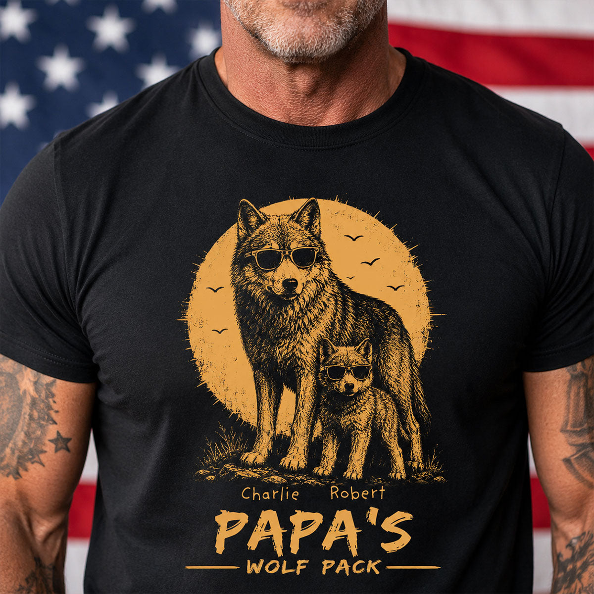 Retro Yellow Vintage Dad Grandpa Papa Wolf Pack - Personalized Shirt - Father's Day Gift For Dad, Husband — Black
