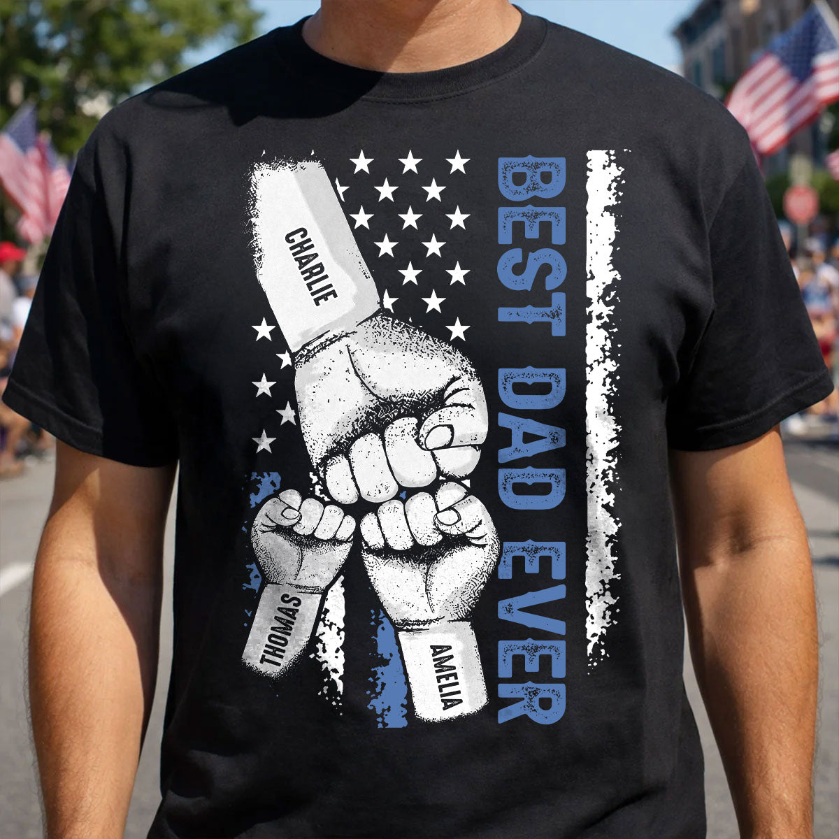 Dad & Kids Fist Bump Nation Flag - Personalized Shirt - Heartfelt Gift For Dad, Husband — Black